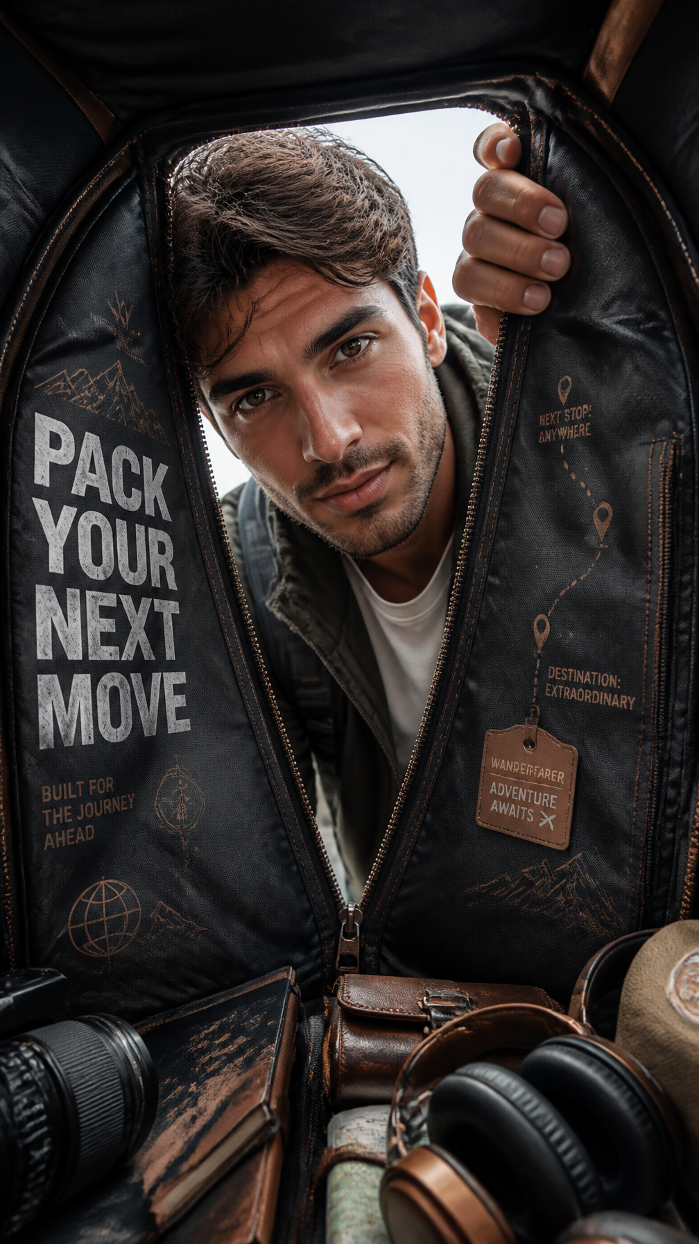 A premium 9:16 travel-lifestyle advertising poster.Main Subj