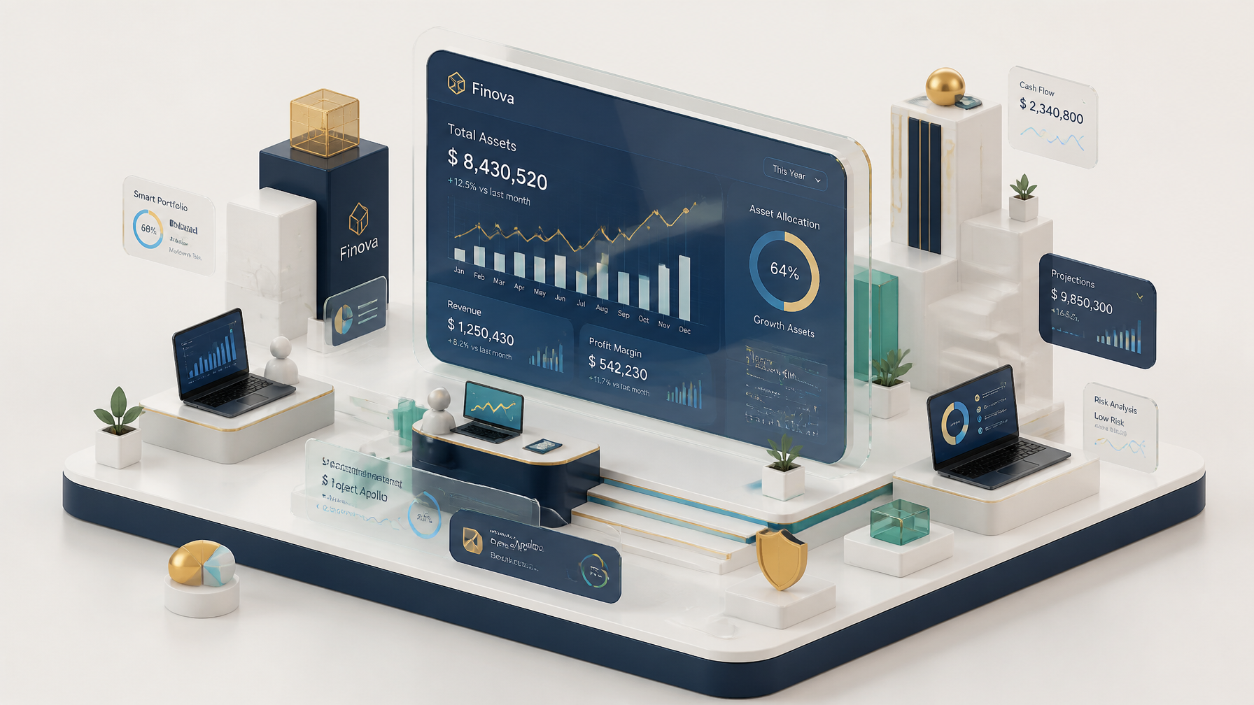 A cutting-edge 3D isometric illustration for a premium finte