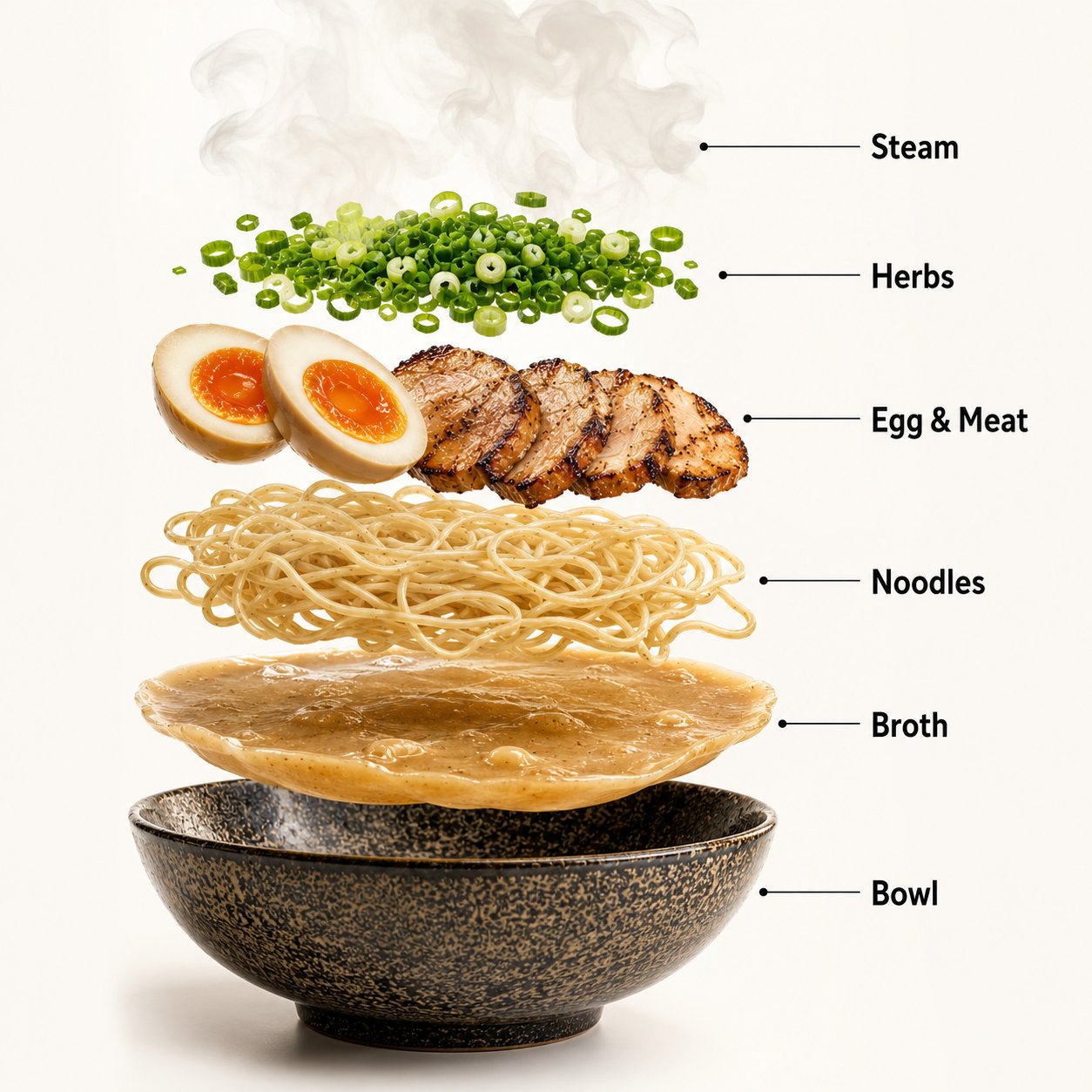 The ramen bowl starts to slowly spin while the ingredients s