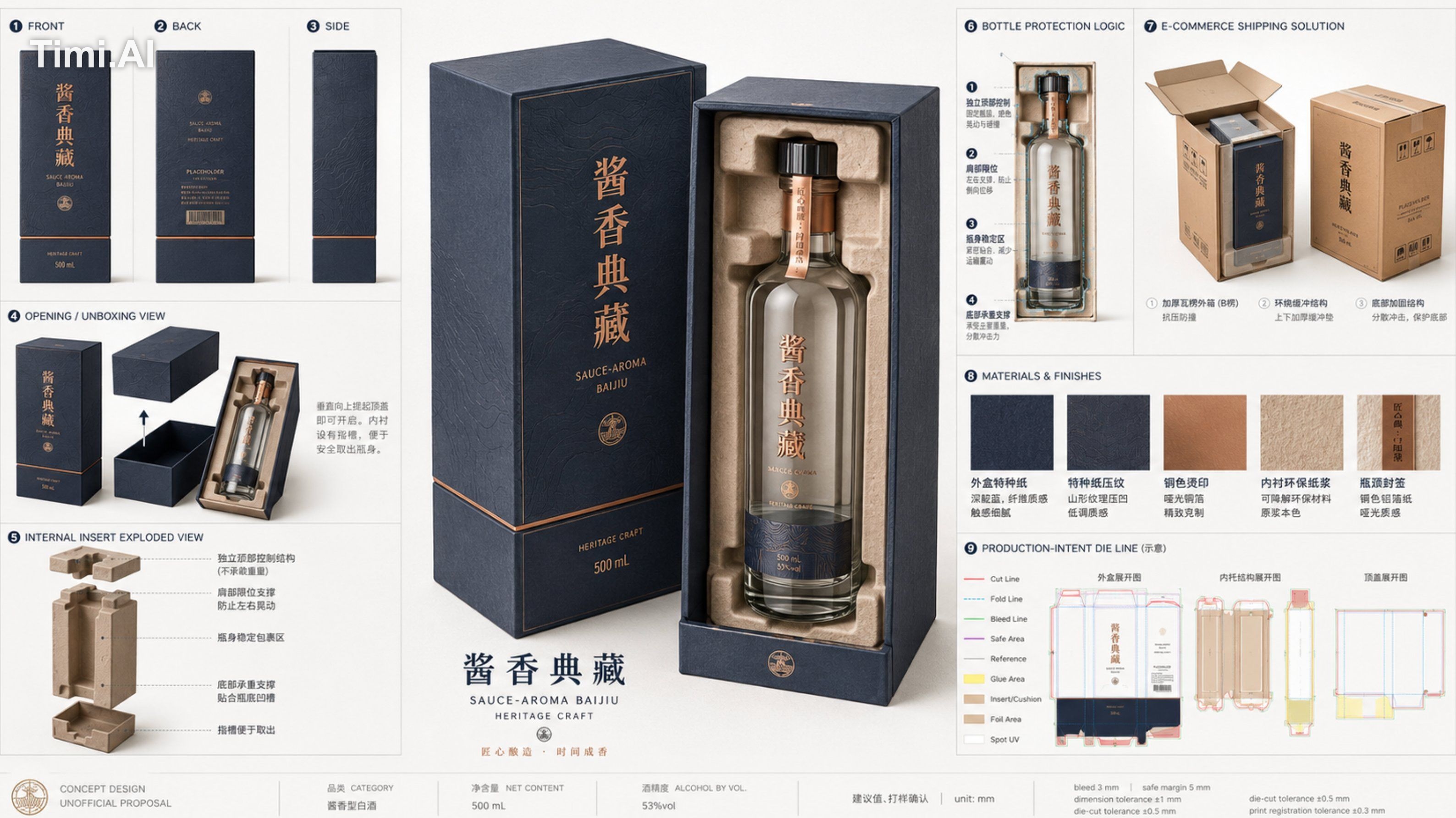 为一款 unofficial concept 的 500ml 高端酱香型白酒设计一张专业包装设计提案板,产品类别为高端白