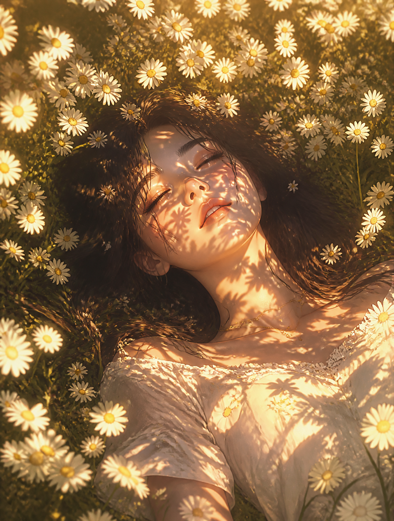 A young woman lying in a vast field of white daisies, sunlig
