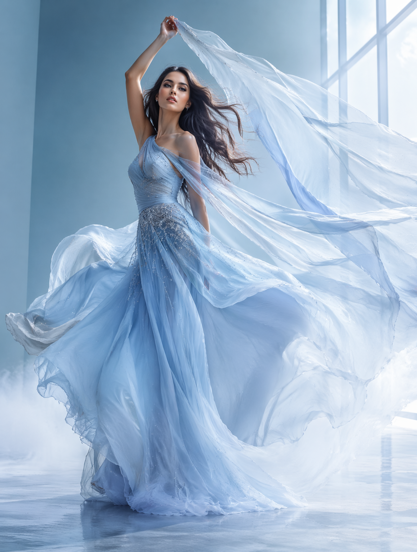 Tall woman, mid-20s, long glossy hair flowing in the wind, s
