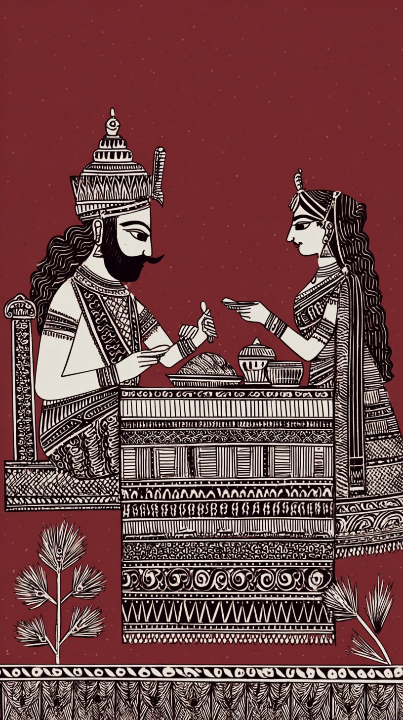 madhubani art style, an Indian king having meal, a queen bes