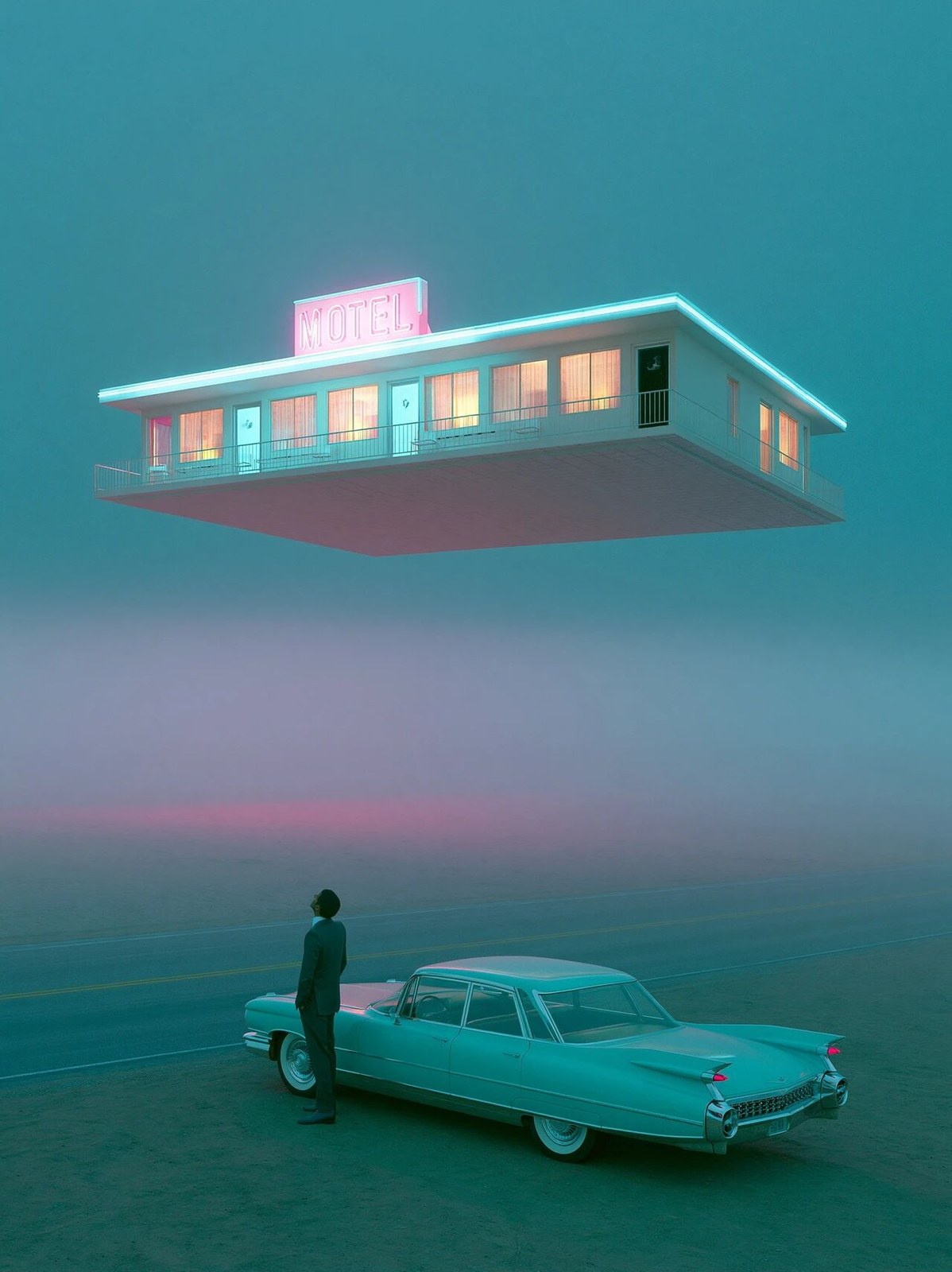 An empty roadside motel floating above an endless desert at 