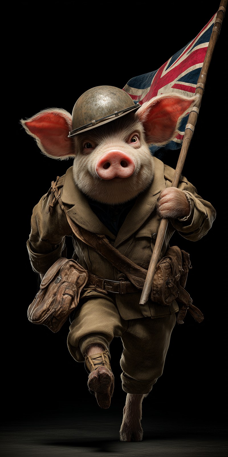 anthropomorphised pig soldier, holding a flag, wearing a Bri