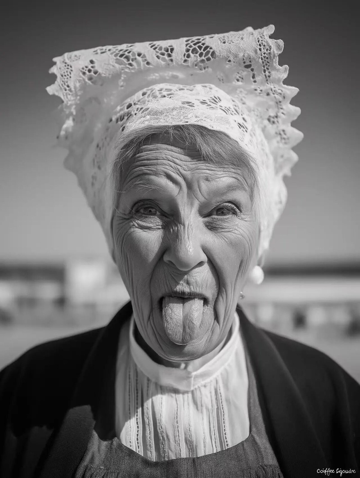 A humorous black and white portrait of an elderly Breton wom