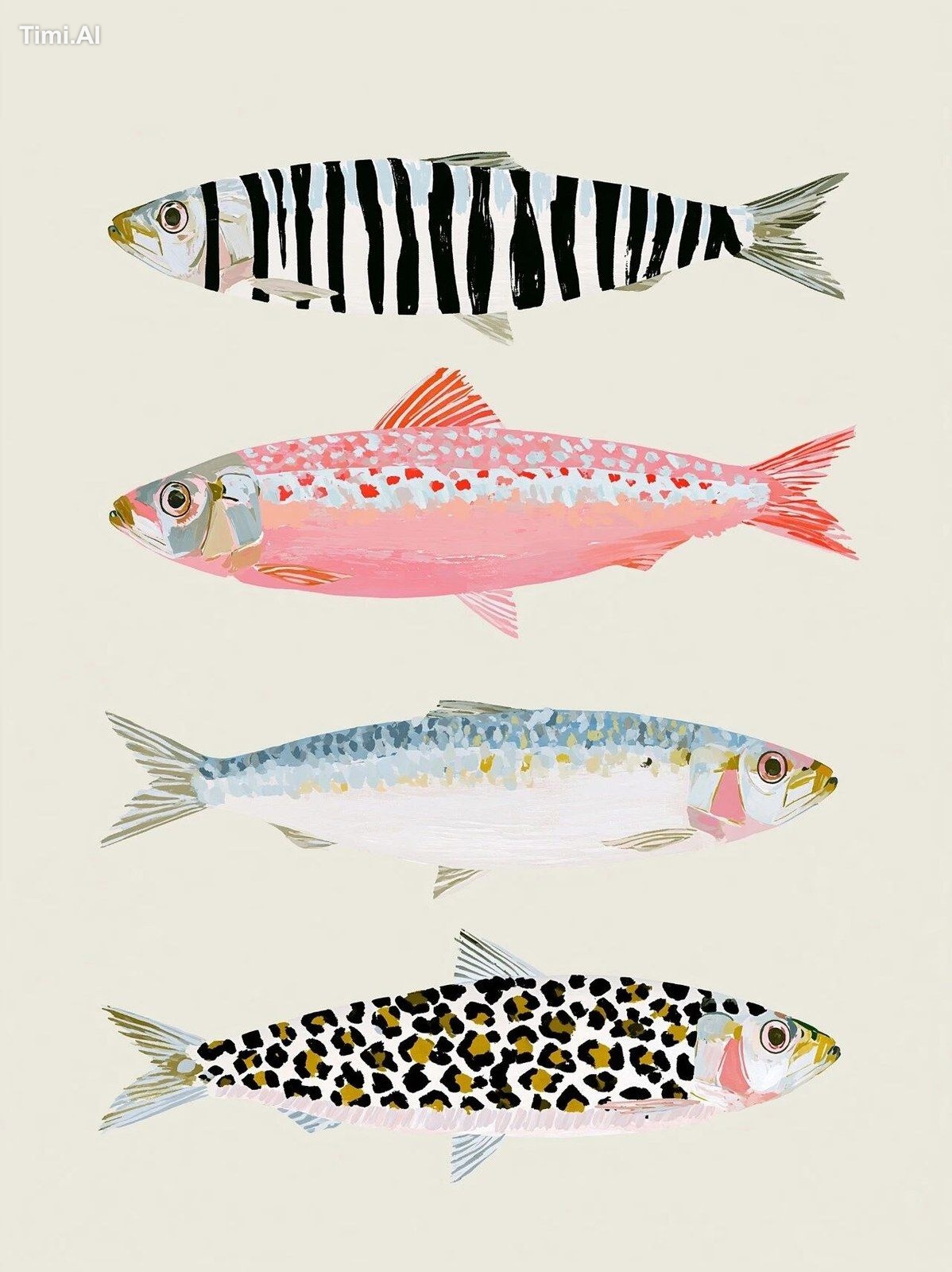 Minimalist vector of three different sardines: one with zebr