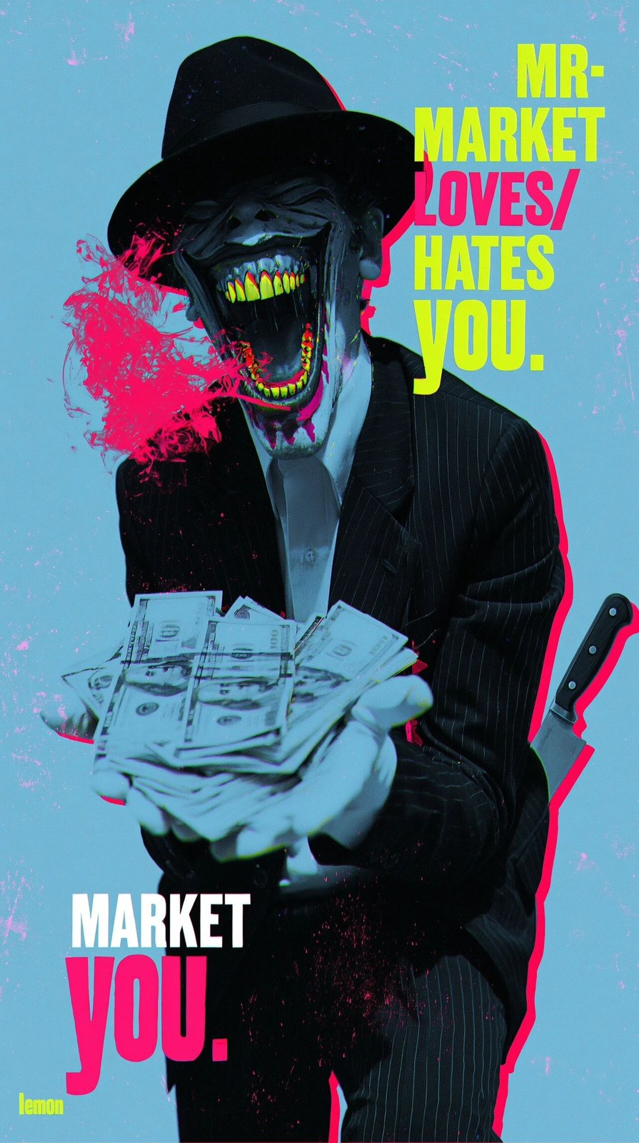 Lemon themed poster art style, macro chromatic crazy broker