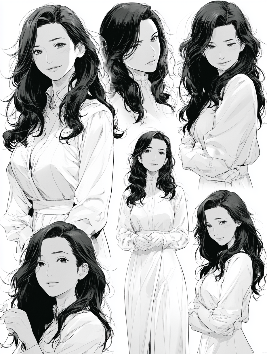Ultra detailed manga character sheet, elegant Japanese mothe