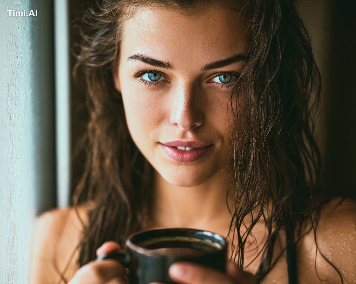 beautiful woman with wet hair holding a coffee cup near a wi