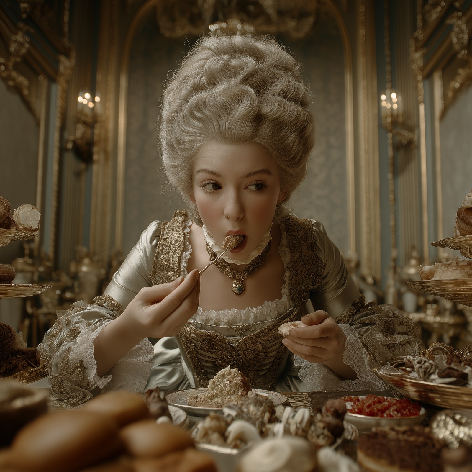 Cinematic close-up on Marie Antoinette's face, she is eating