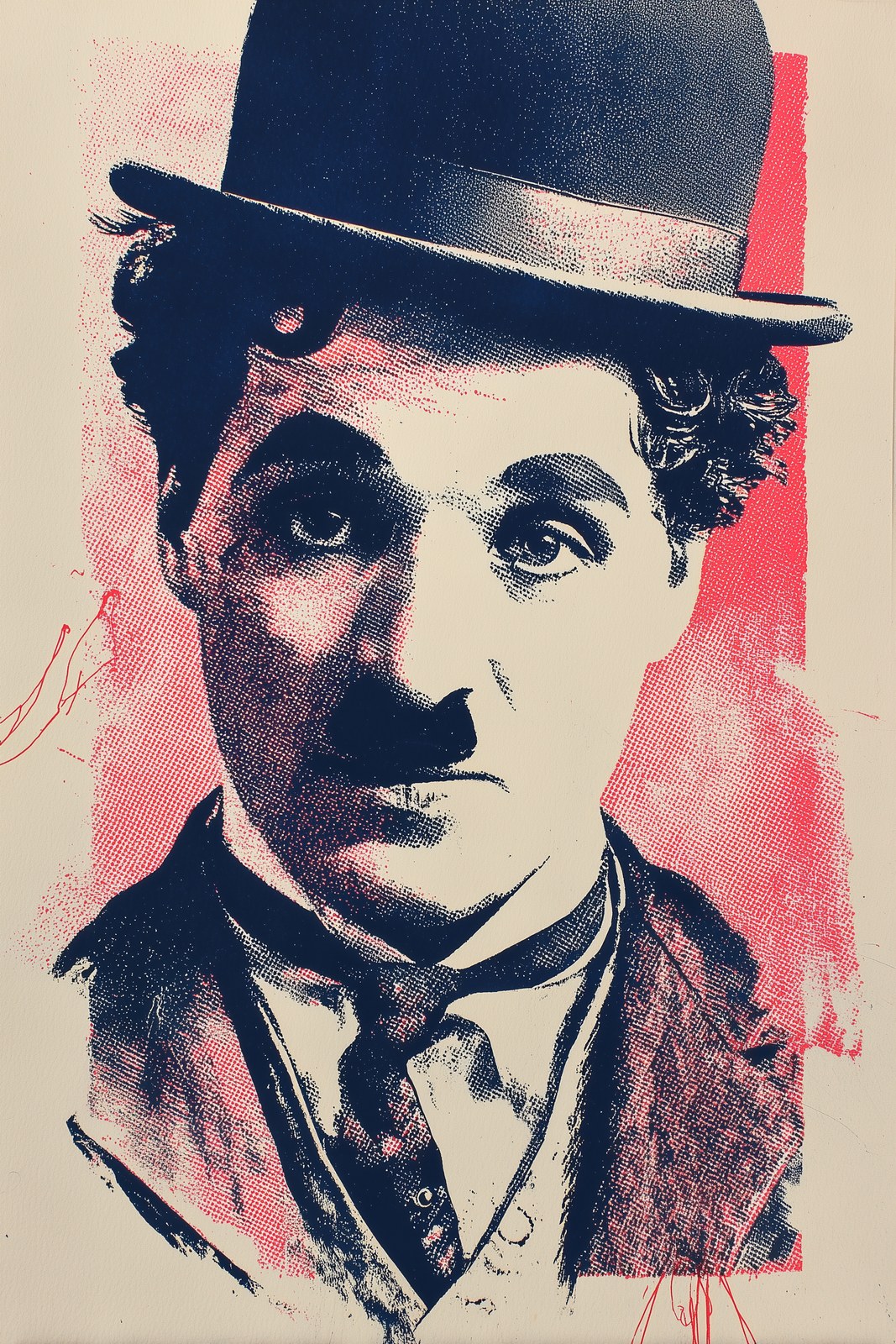 Charlie Chaplin respectful PG-13 pop art portrait, bold scre
