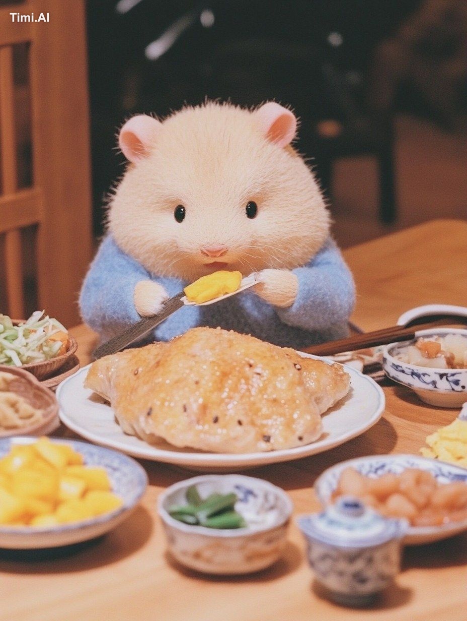 Hamster slicking a giant Peking roast duck, holding a tiny k
