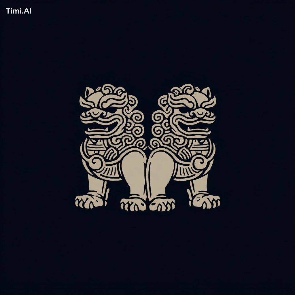 a very minimalistic logo of Chinese guardian lions, line art