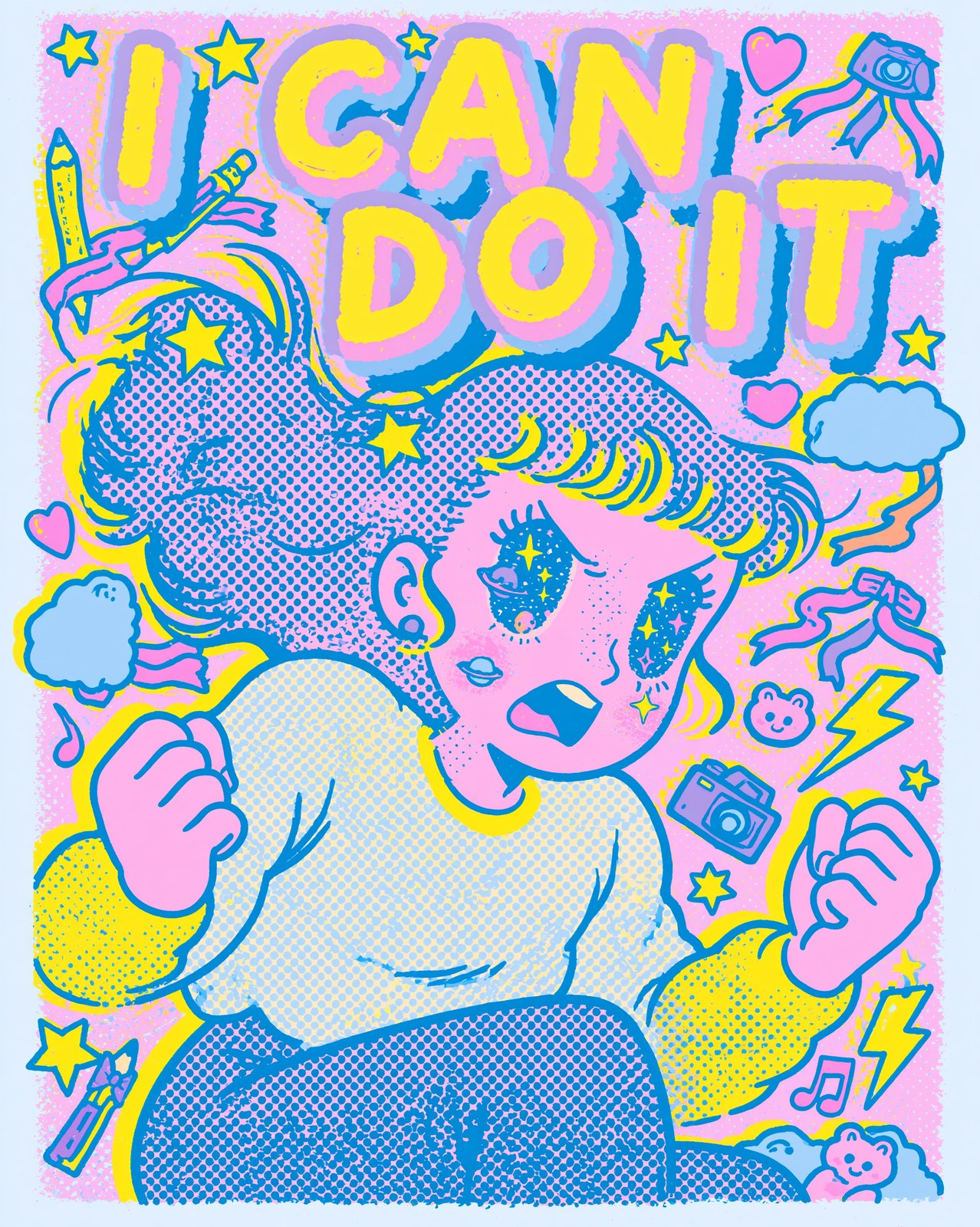 Retro 1980s Japanese pop art comic illustration. Bold halfto