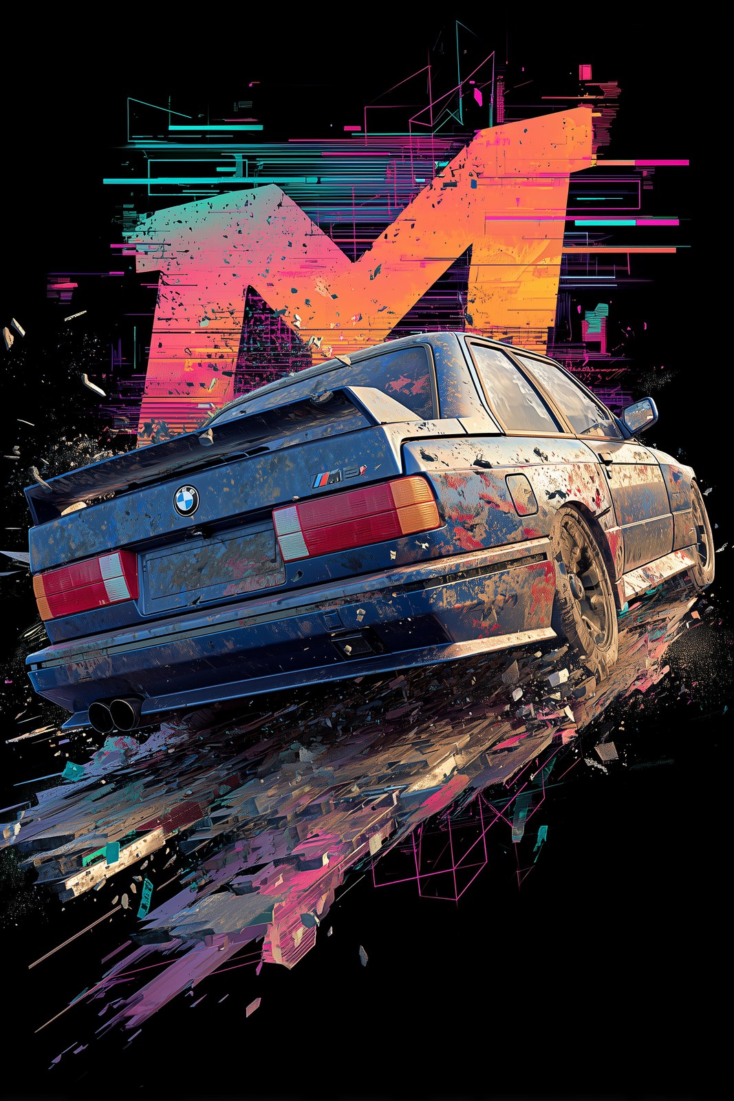 BMW M3 E30 rear 3/4 view, iconic sports car disintegrating i