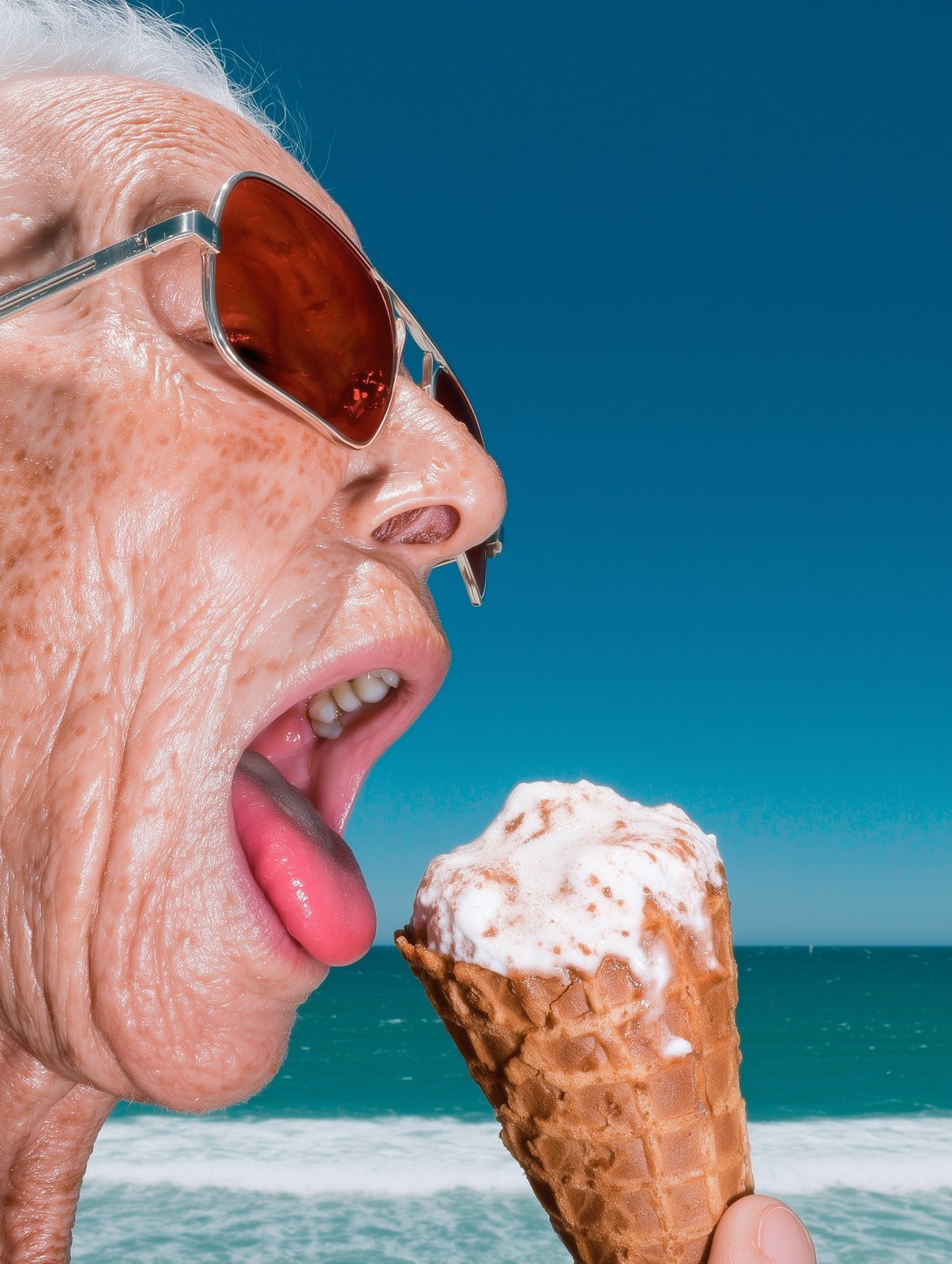 close-up side profile of an elderly woman eating a melting v
