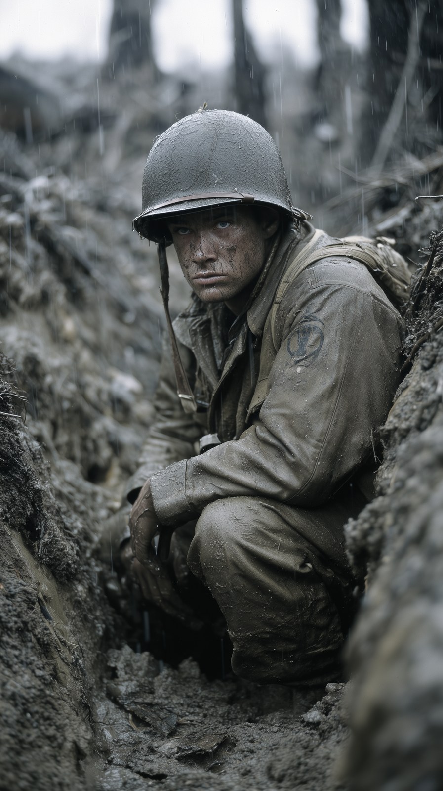 A weary World War II American infantryman crouches deep insi