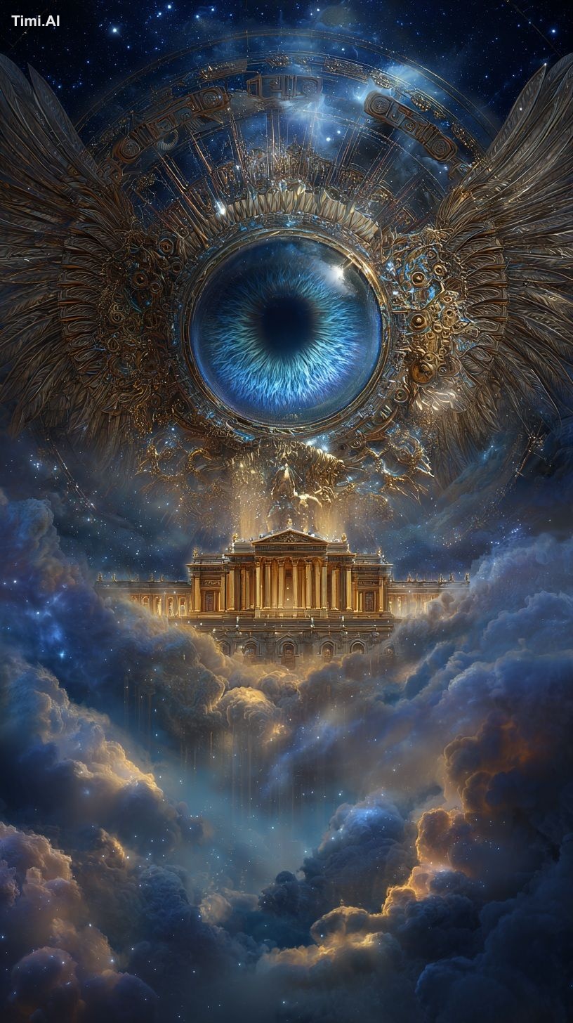 A colossal, ethereal eye with a piercing blue iris is surrou