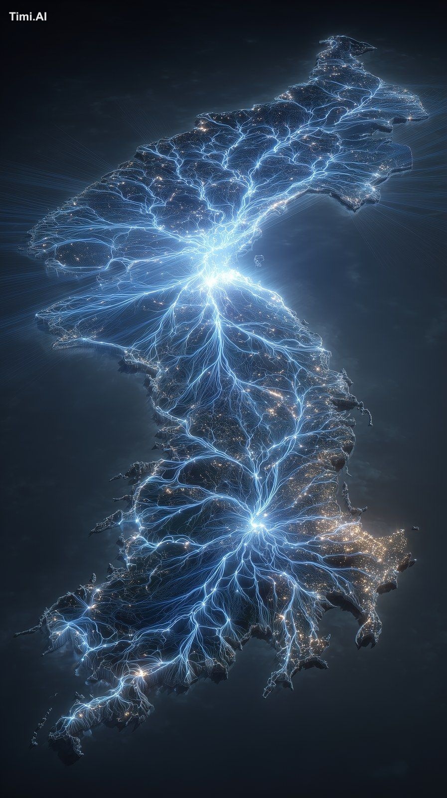 A hyper-realistic image of the Korean peninsula at night, wi