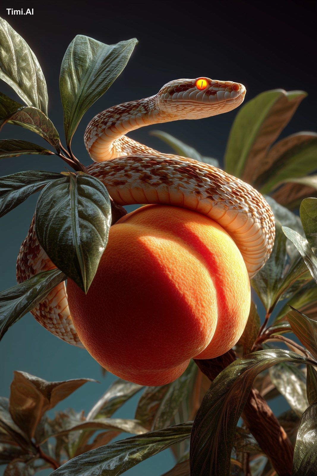 a shiny orange peach hanging from a tree, guarded by a golde
