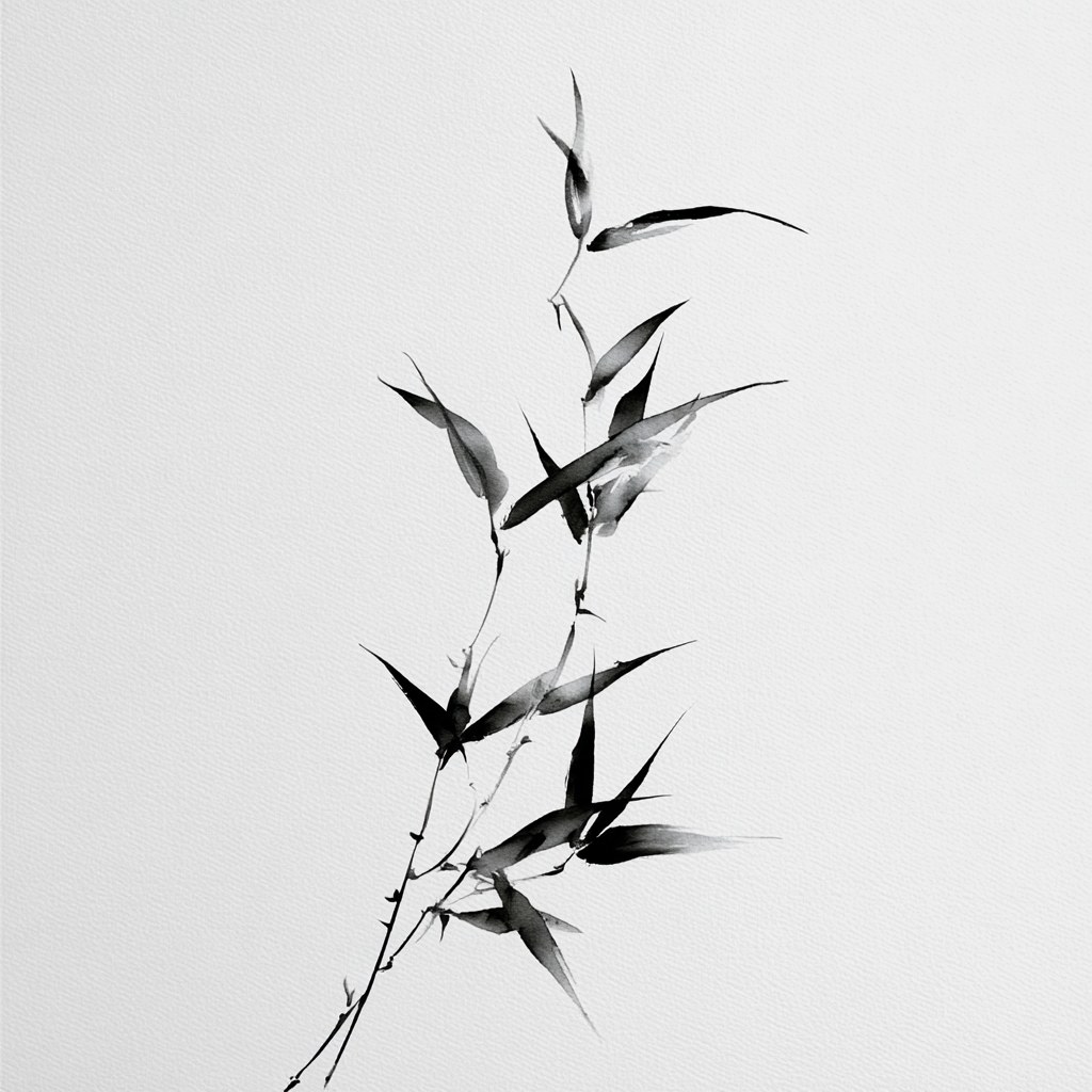 a few thin bamboo leaves in a slender shape, in traditional
