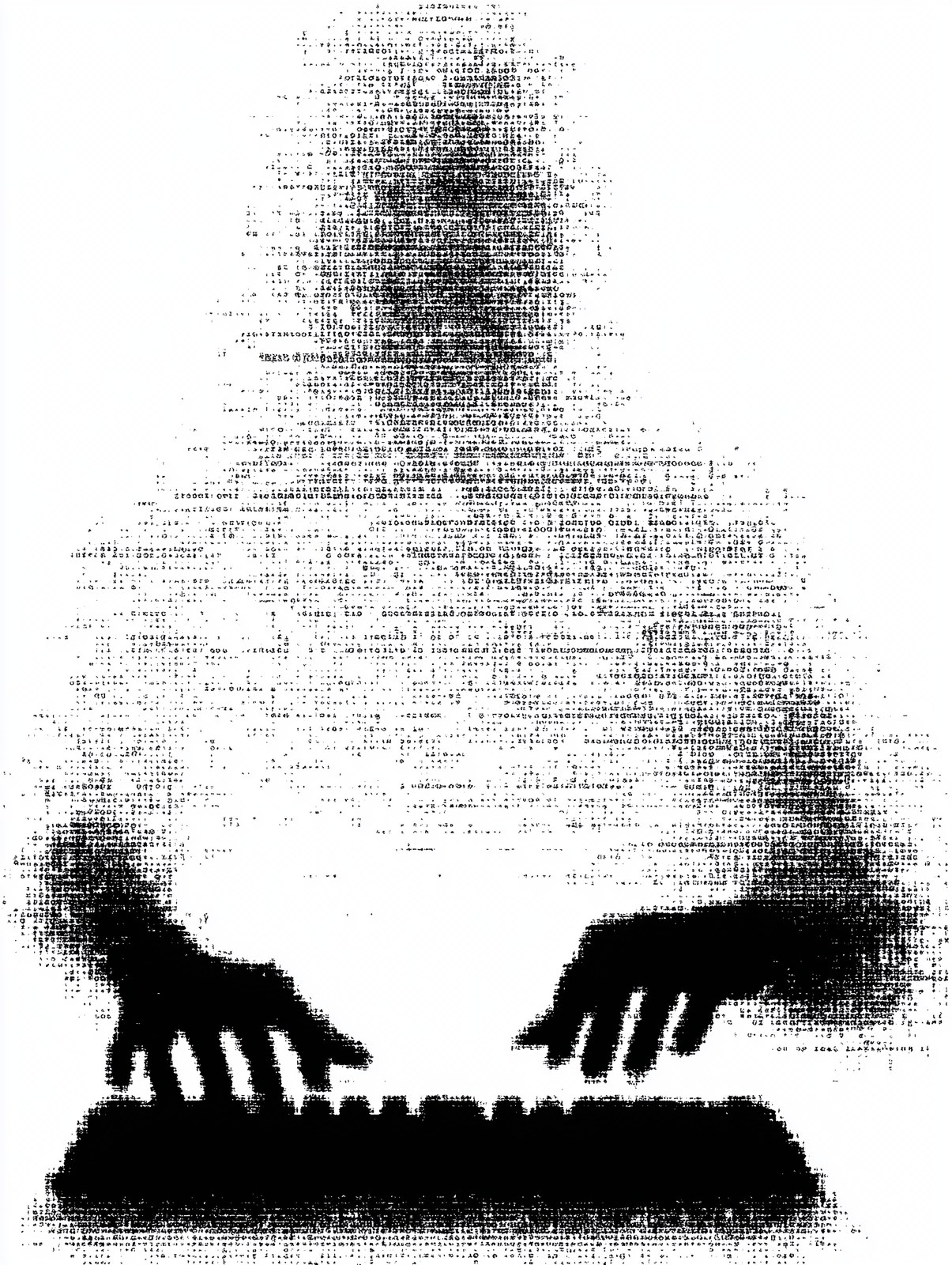 pixel illustration of hands typing on keyboard. black over w