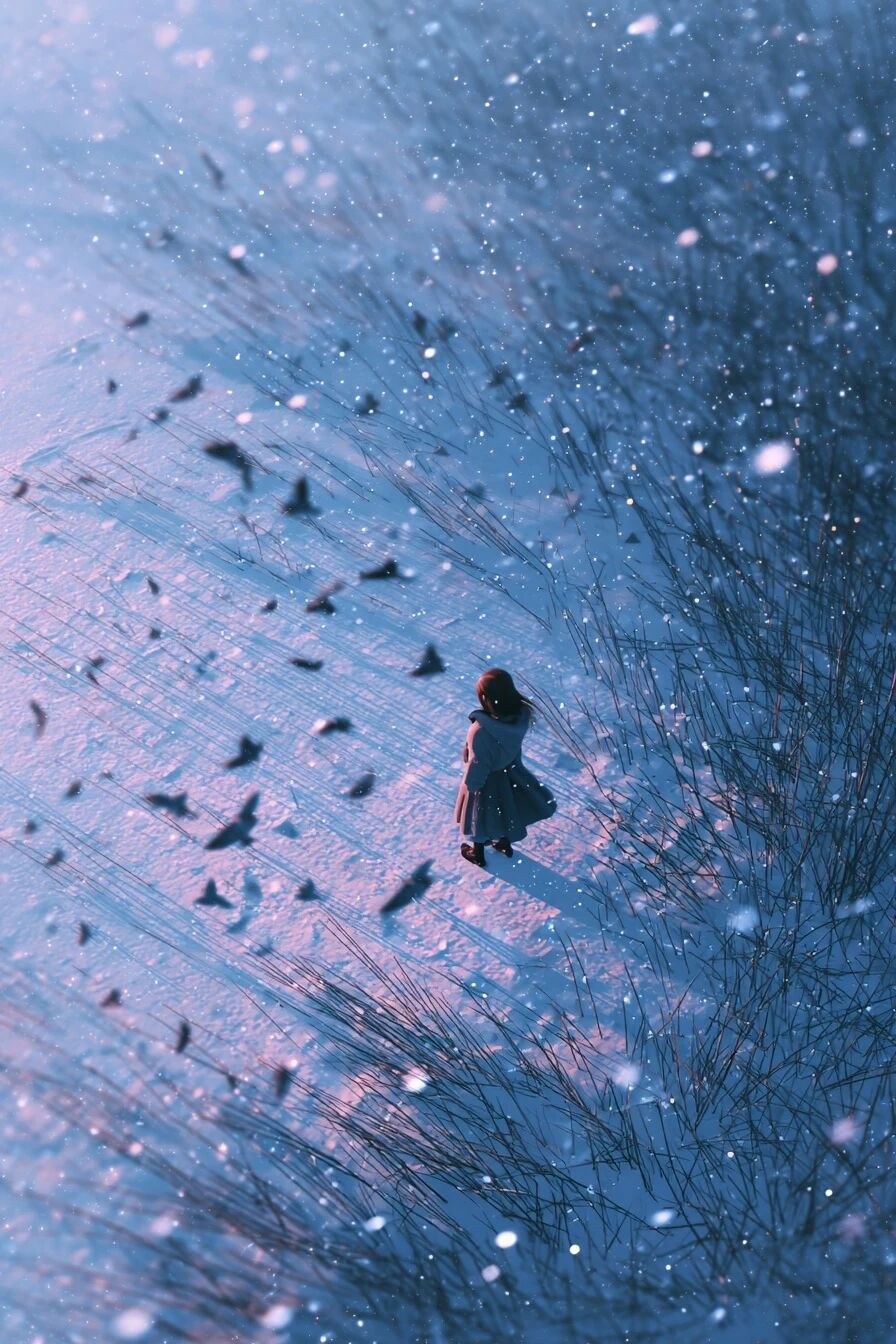 japanese style drawing of a girl, in the middle of snowed fi