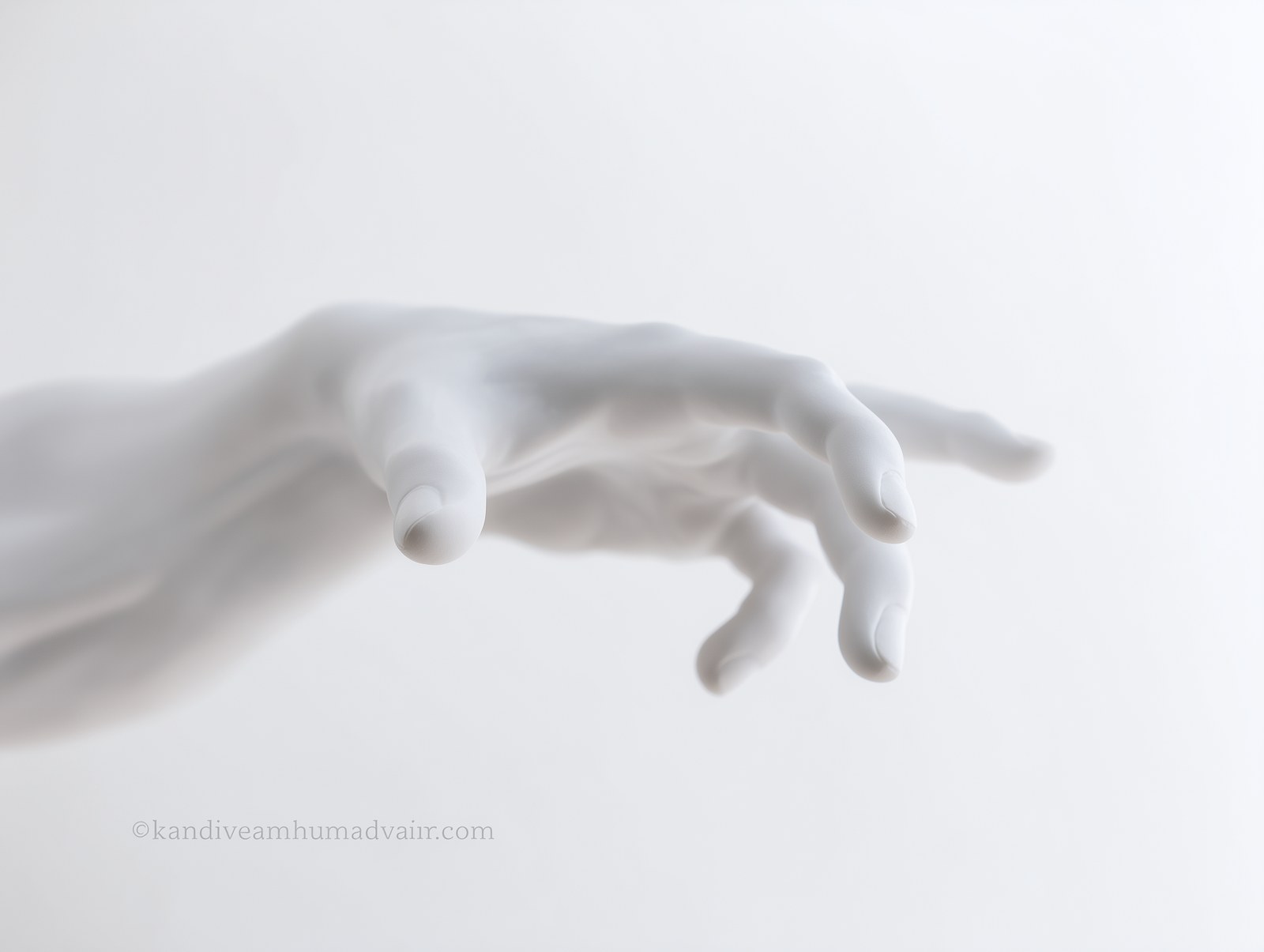 Delicate marble hand, soft close-up, pure white background,