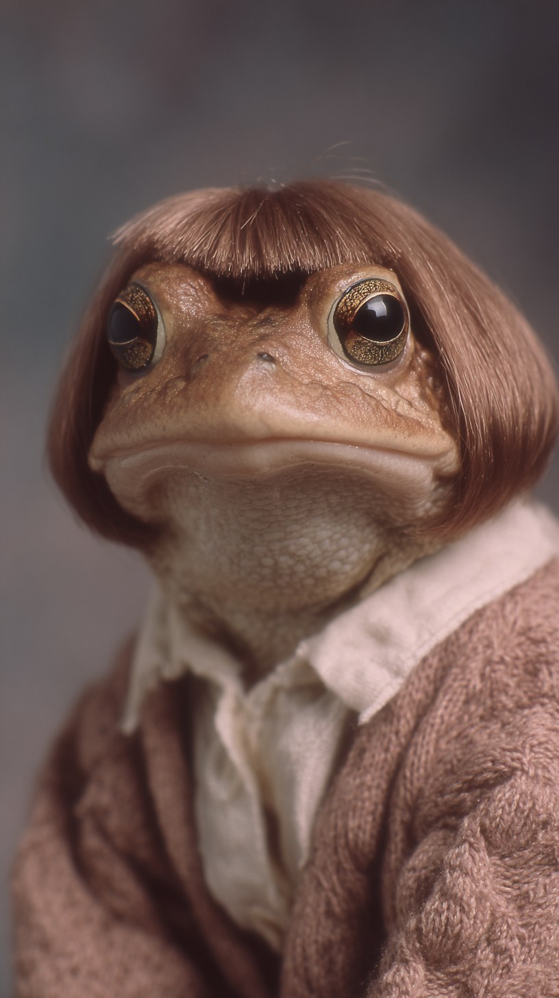 frog wearing a bob hair wig. In the style of a photo studio