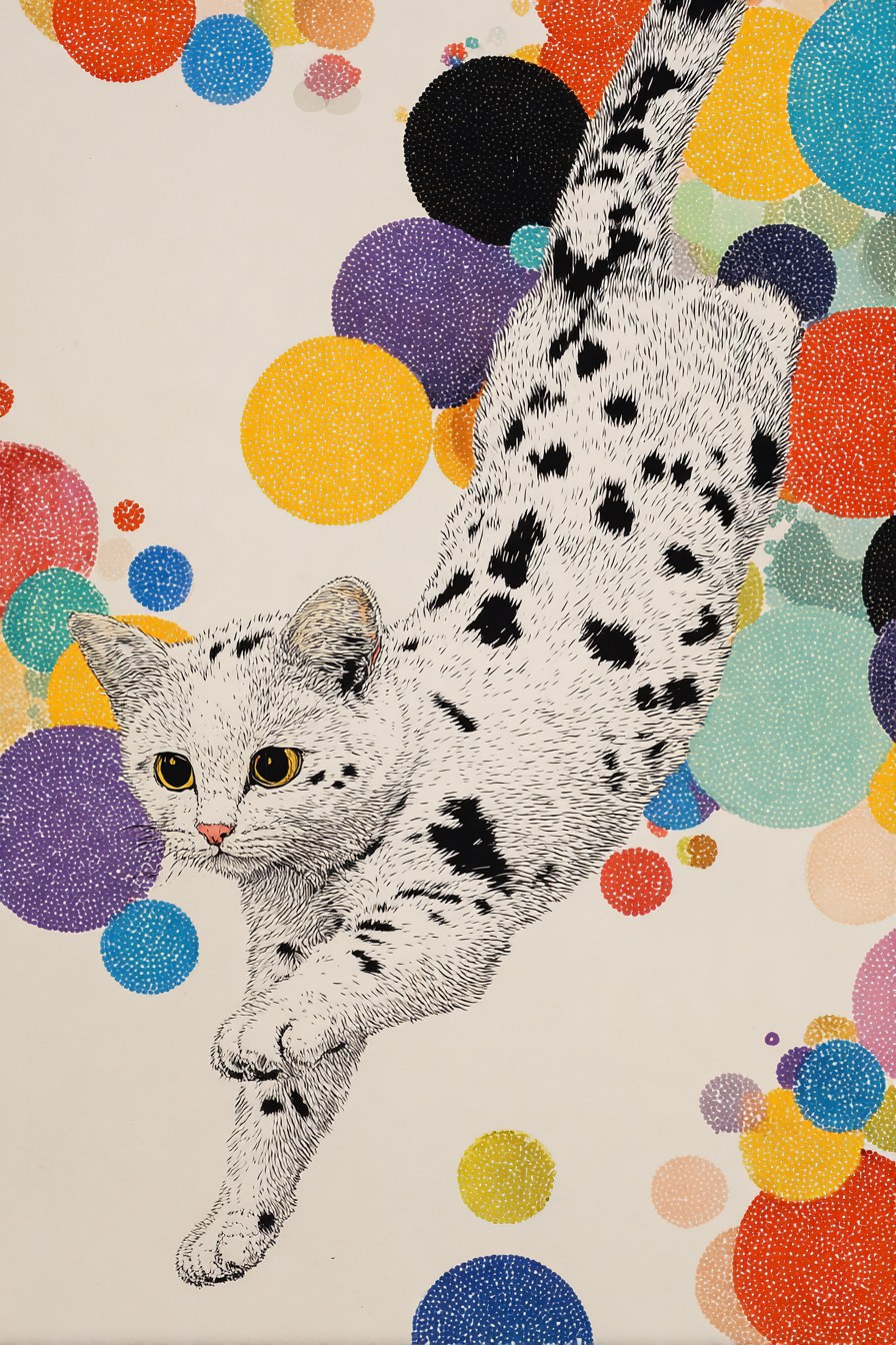 a white cat with black spots is jumping on the ground, surro