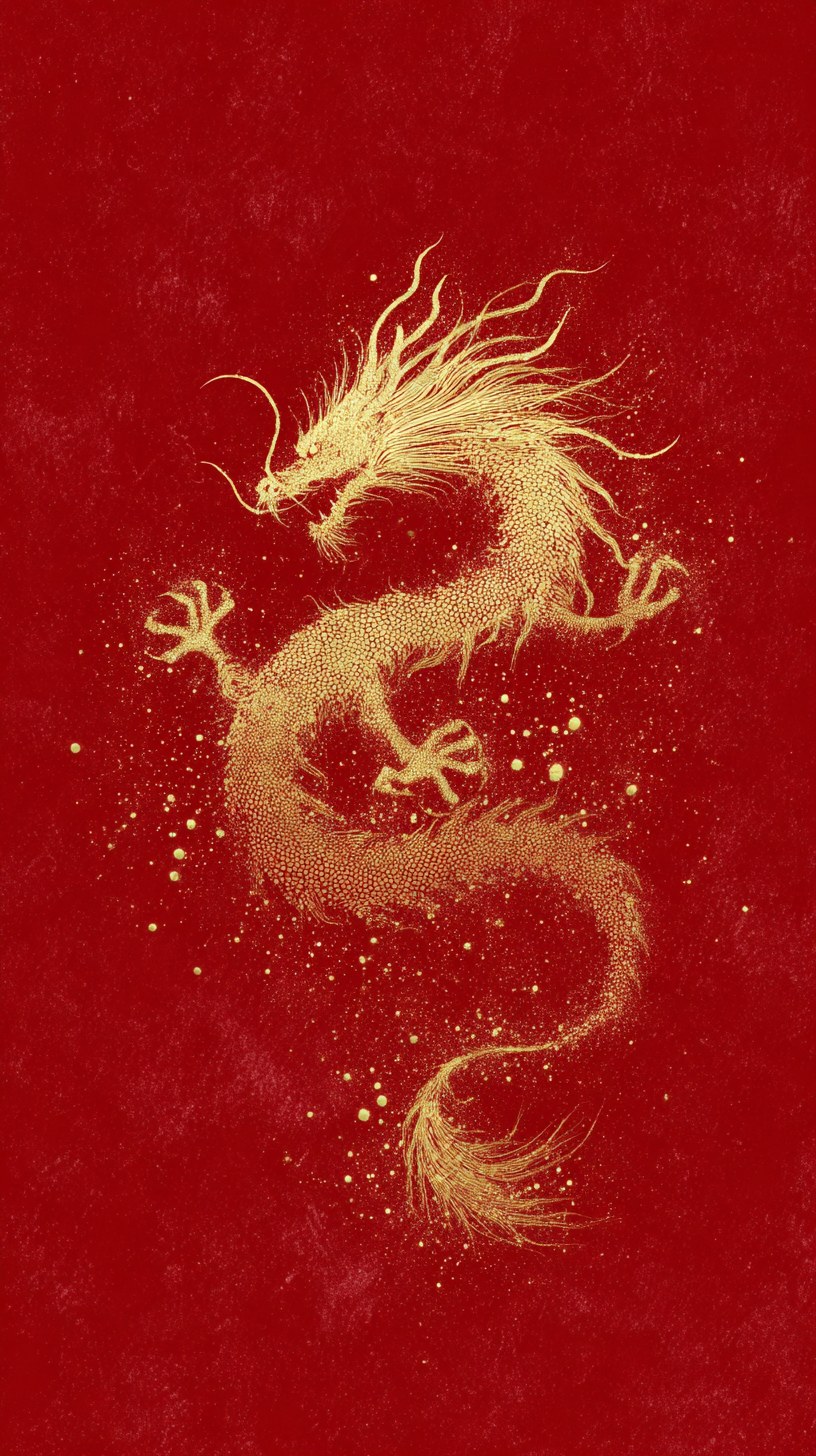 A golden dragon composed of light particles, with its hair a