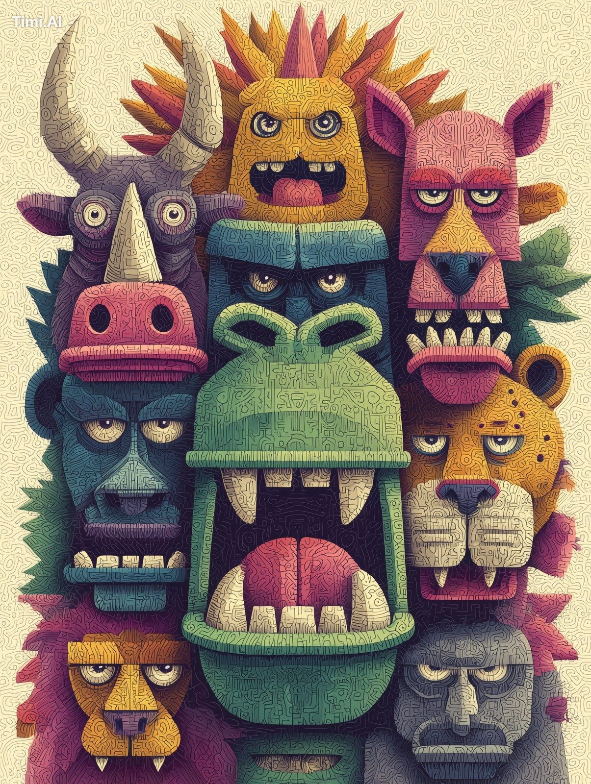 a LOGO VECTOR ART CLOSE-UP of lot of angry and zoo animals,