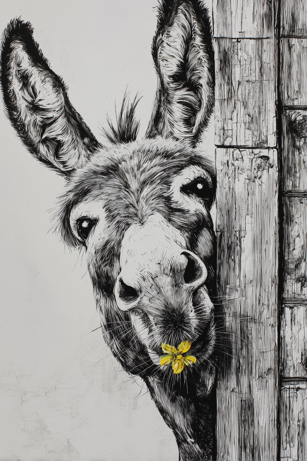 The design features a black and white sketch of a donkey wit
