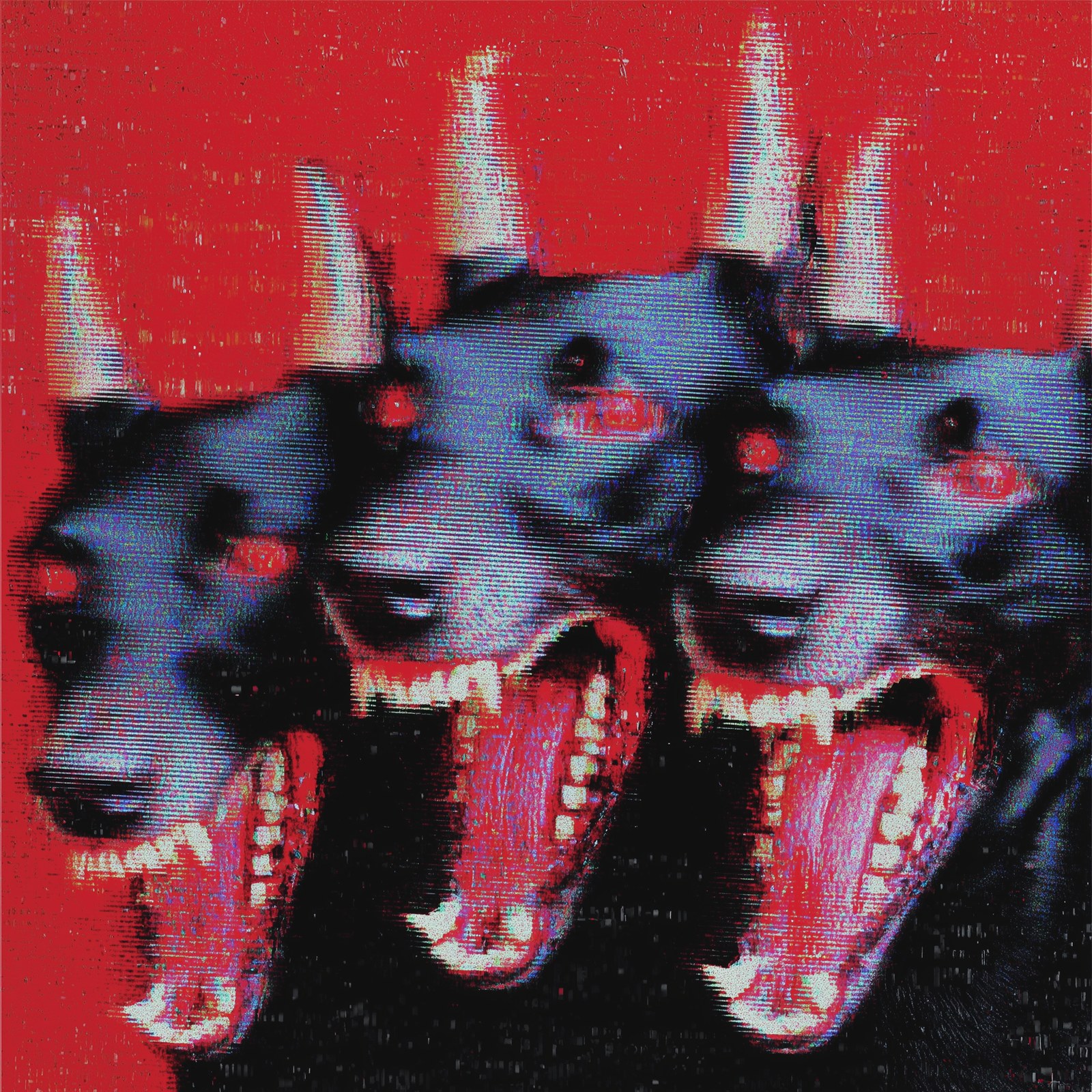 three headed cerberus dog with demon horns, bloody teeths, f