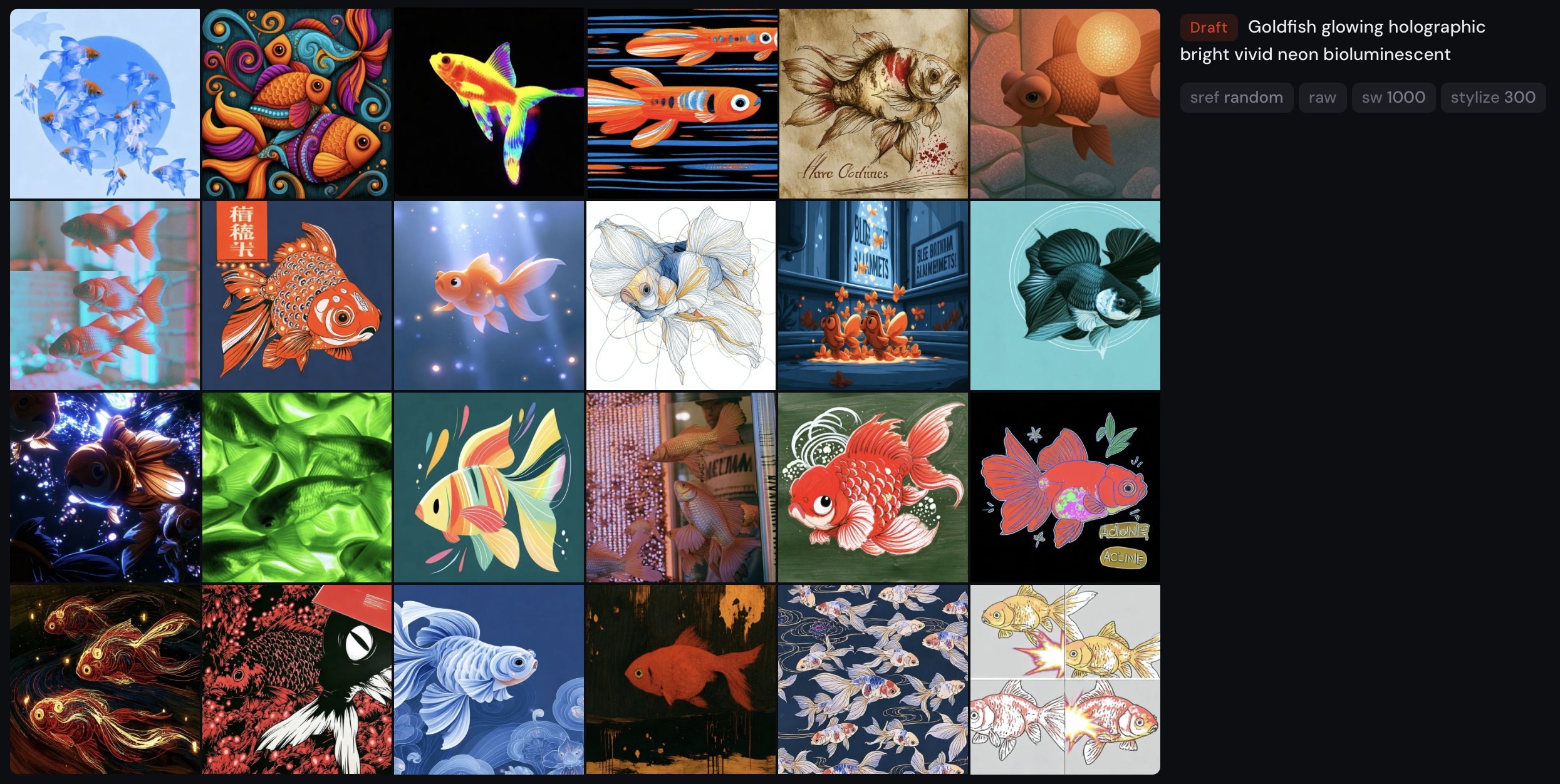 3. See my prompt example below
Goldfish glowing holographic