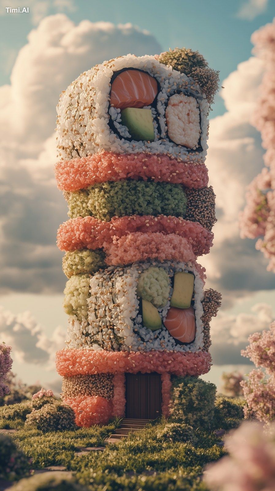 A whimsical house entirely constructed from sushi rolls, fea