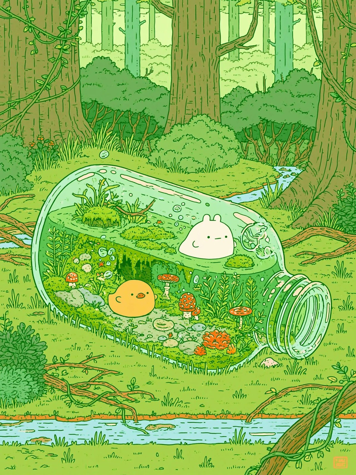 In a secluded forest corner, a large transparent glass bottl