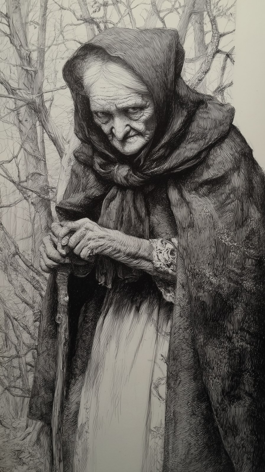 pencil drawing of a evil wise woman in early 19 century livi