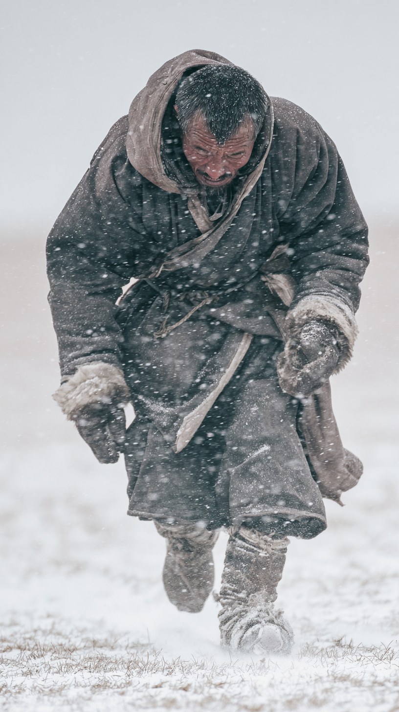 Photography A China tribal man bent forward while pacing har