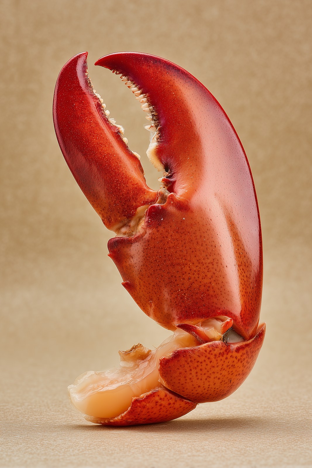 a professional food photograph of a lobster claw, side view.
