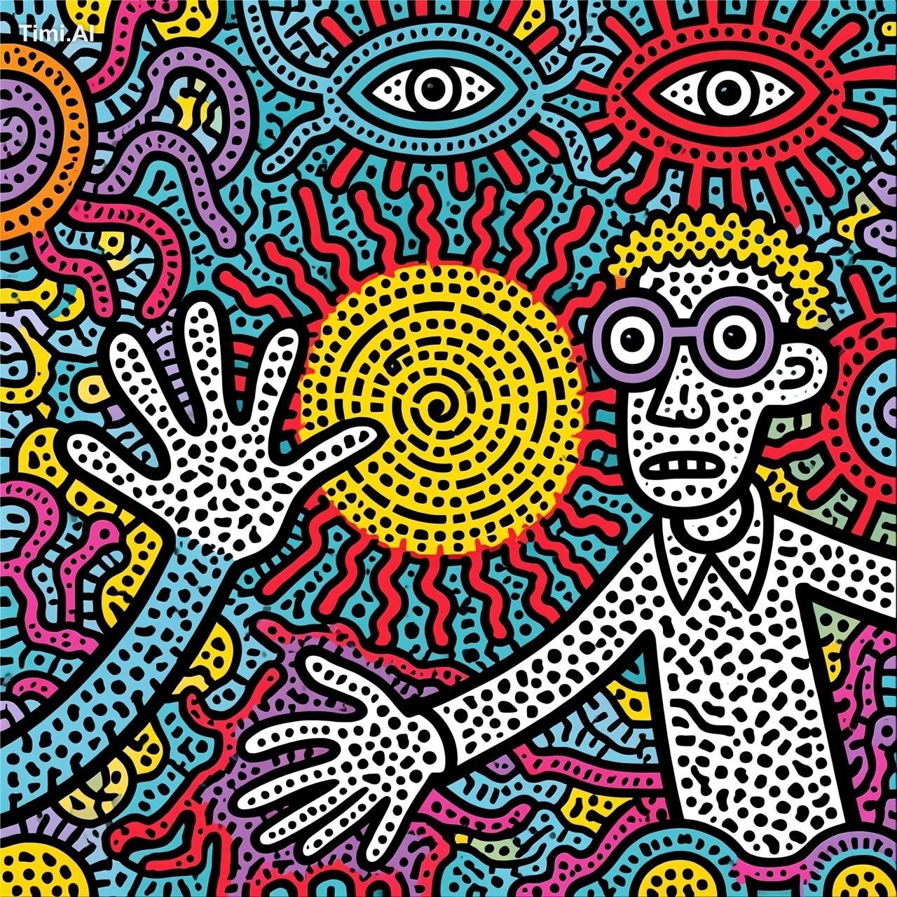 Schrijf een prompt voor MidJourney waarbij in Keith Haring-s