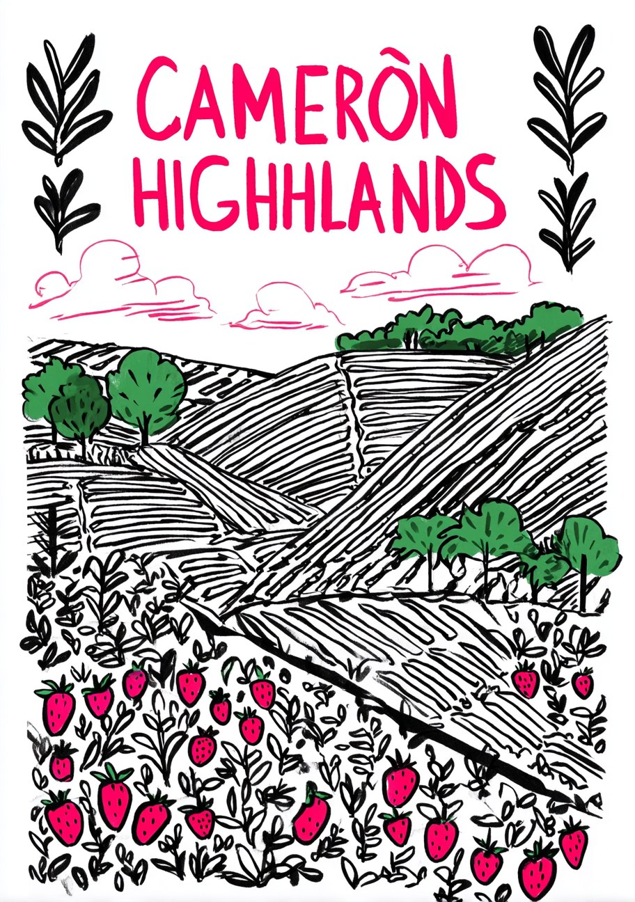 a hand-drawn travel poster of Cameron Highlands Malaysia, wi