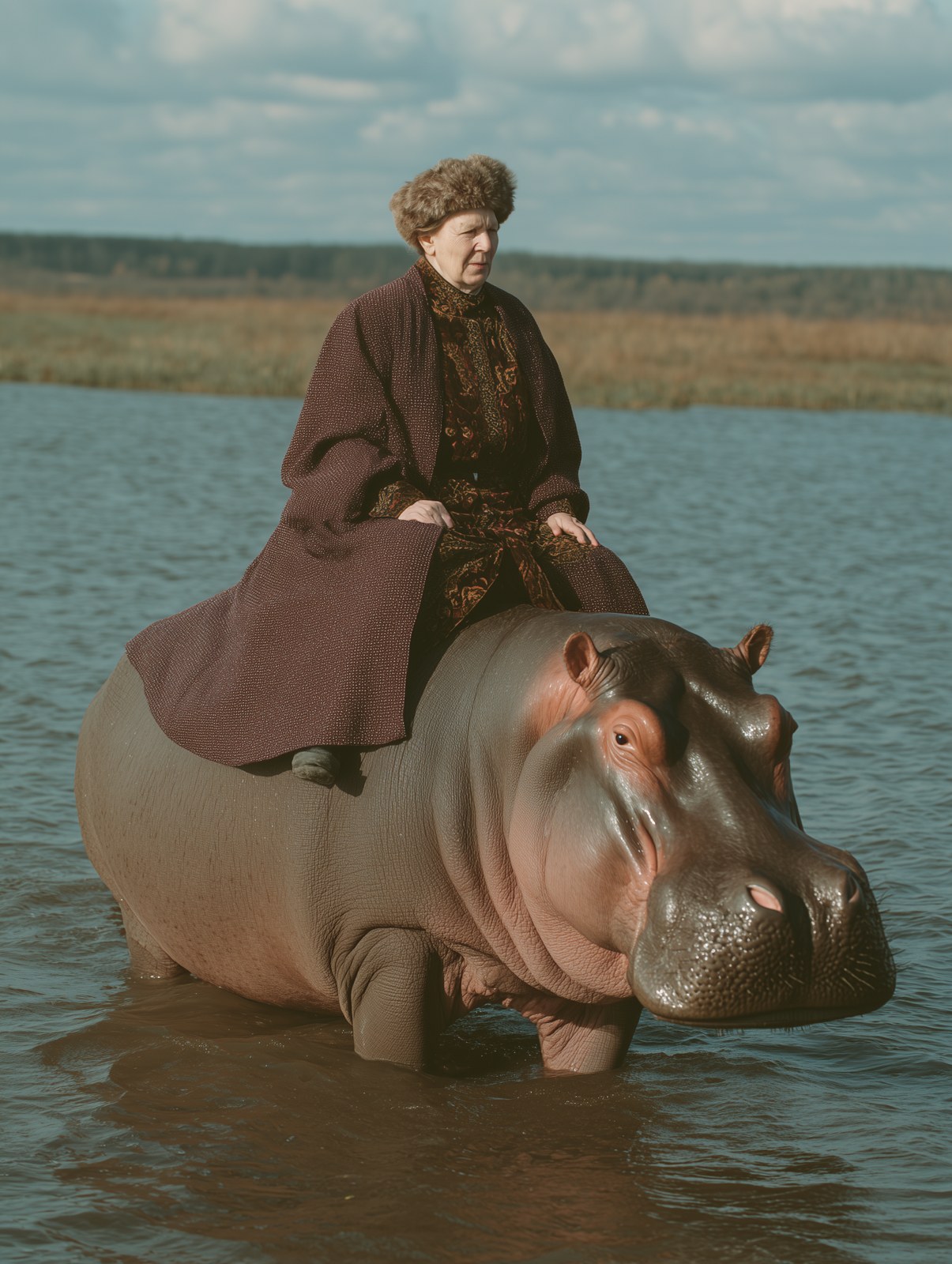 grand mother ride hippopotamus in Russia --ar 3:4 --profile