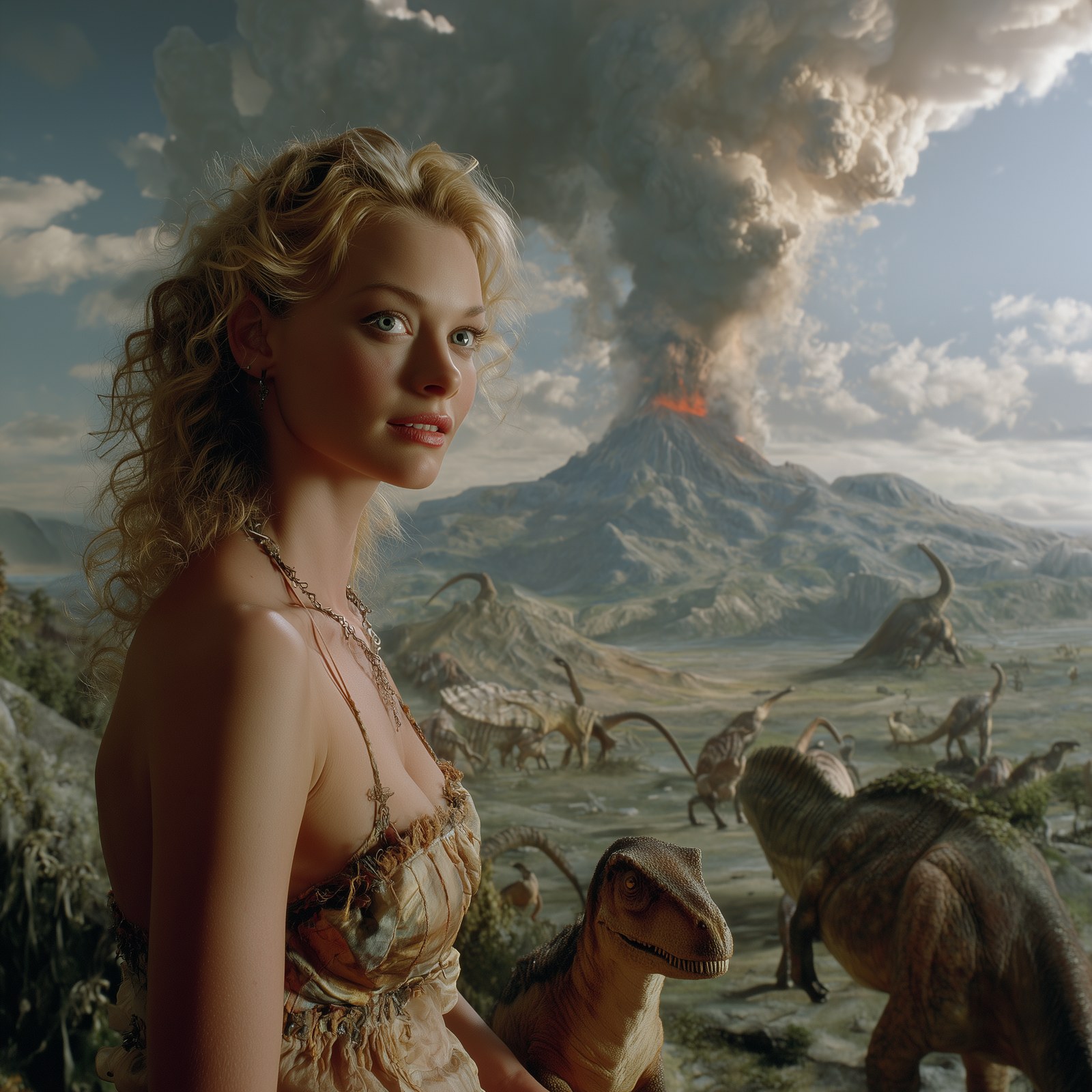 Actress Heather Graham as a cave-girl. Dinosaurs are in the 