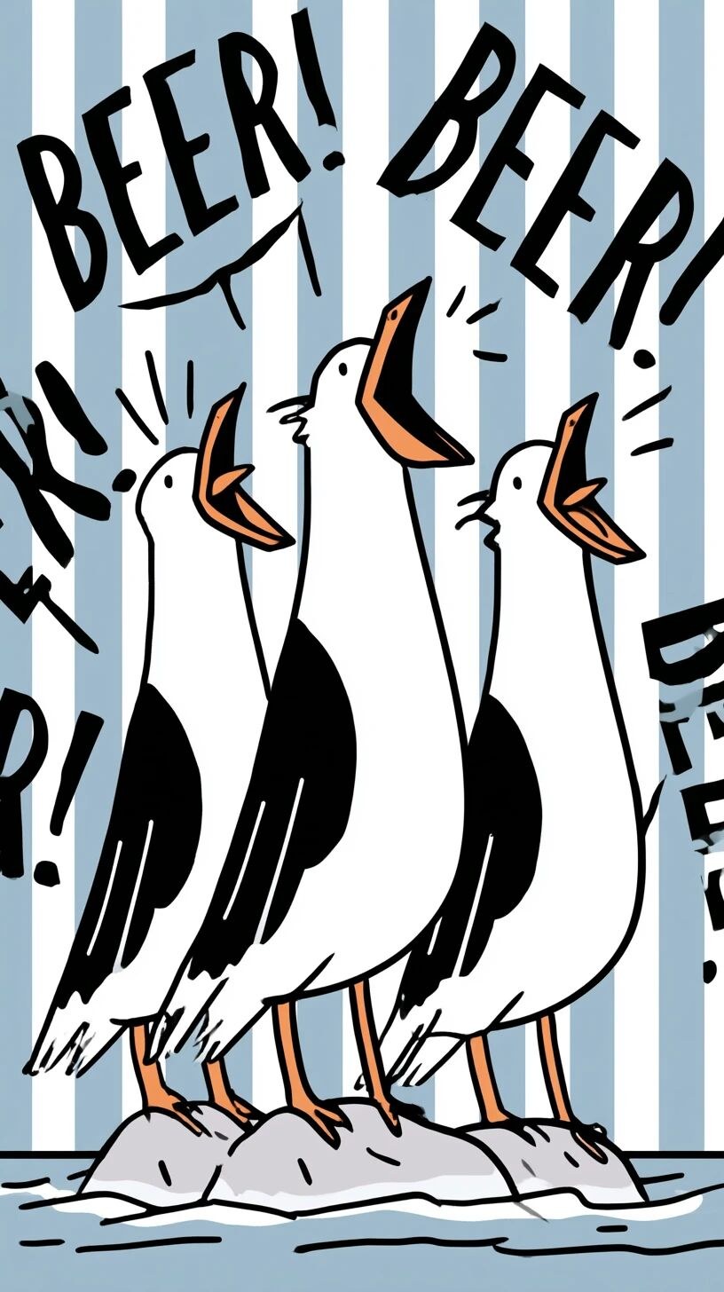 A cartoon illustration features three seagulls standing on a