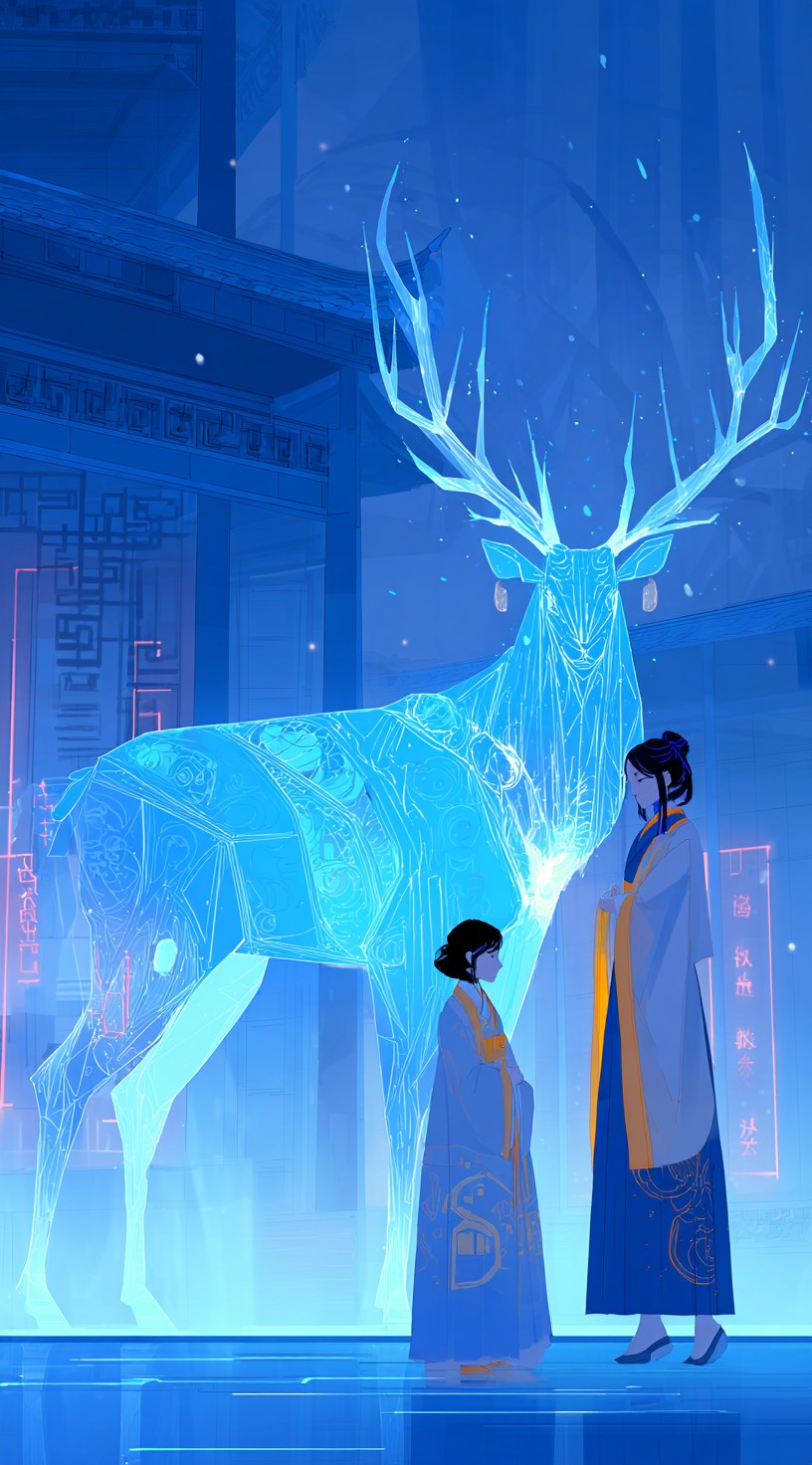 blue and orange deer with glowing antlers stands next to an 