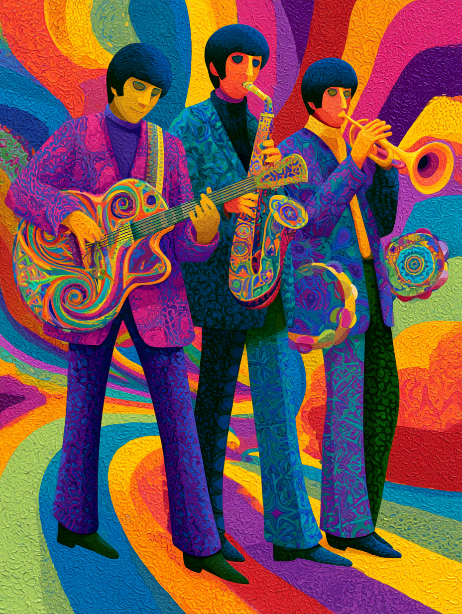 A trio of free-spirited friends, clad in bold mod attire, ja