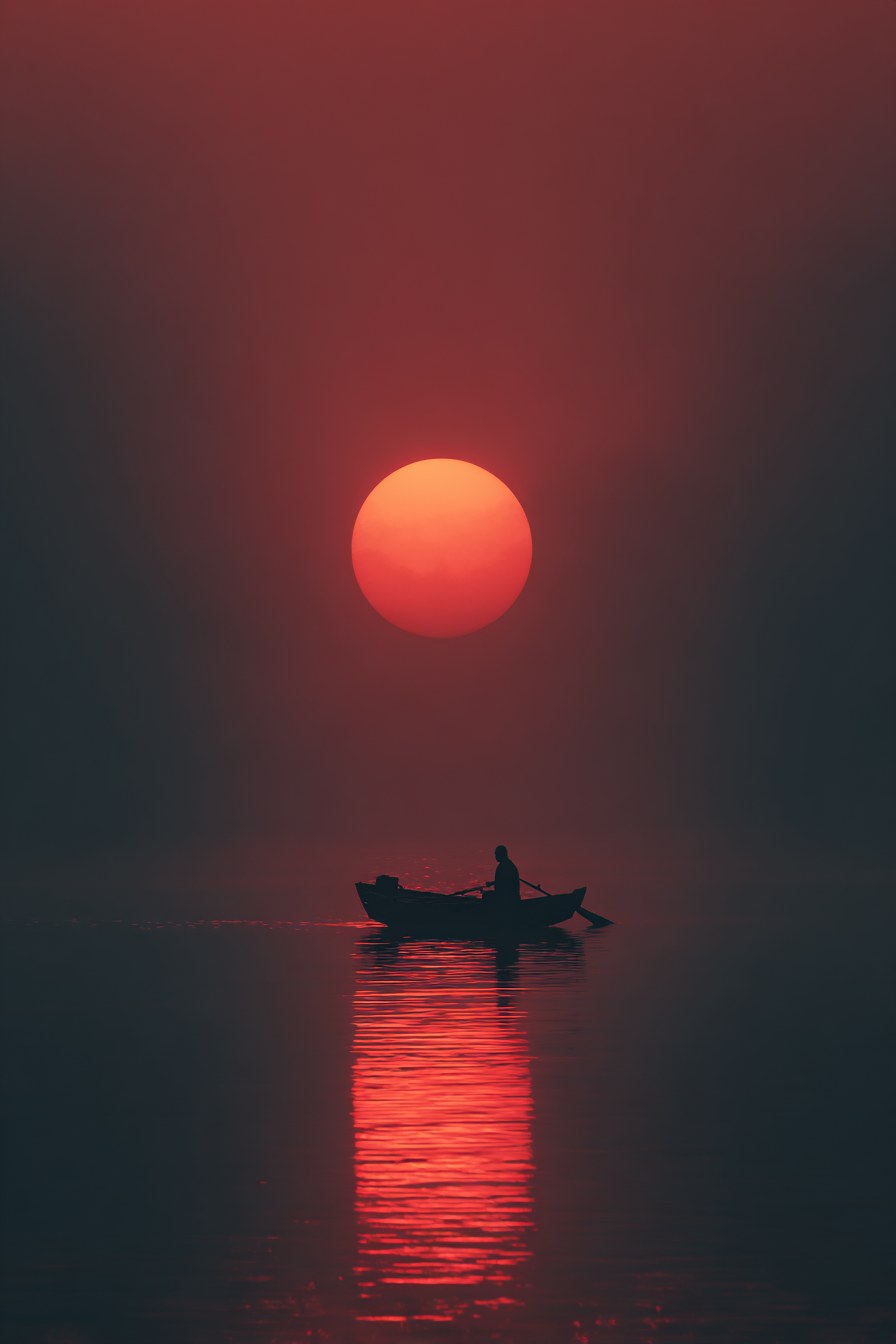 a red sun is setting, reflecting on the water surface. a sma