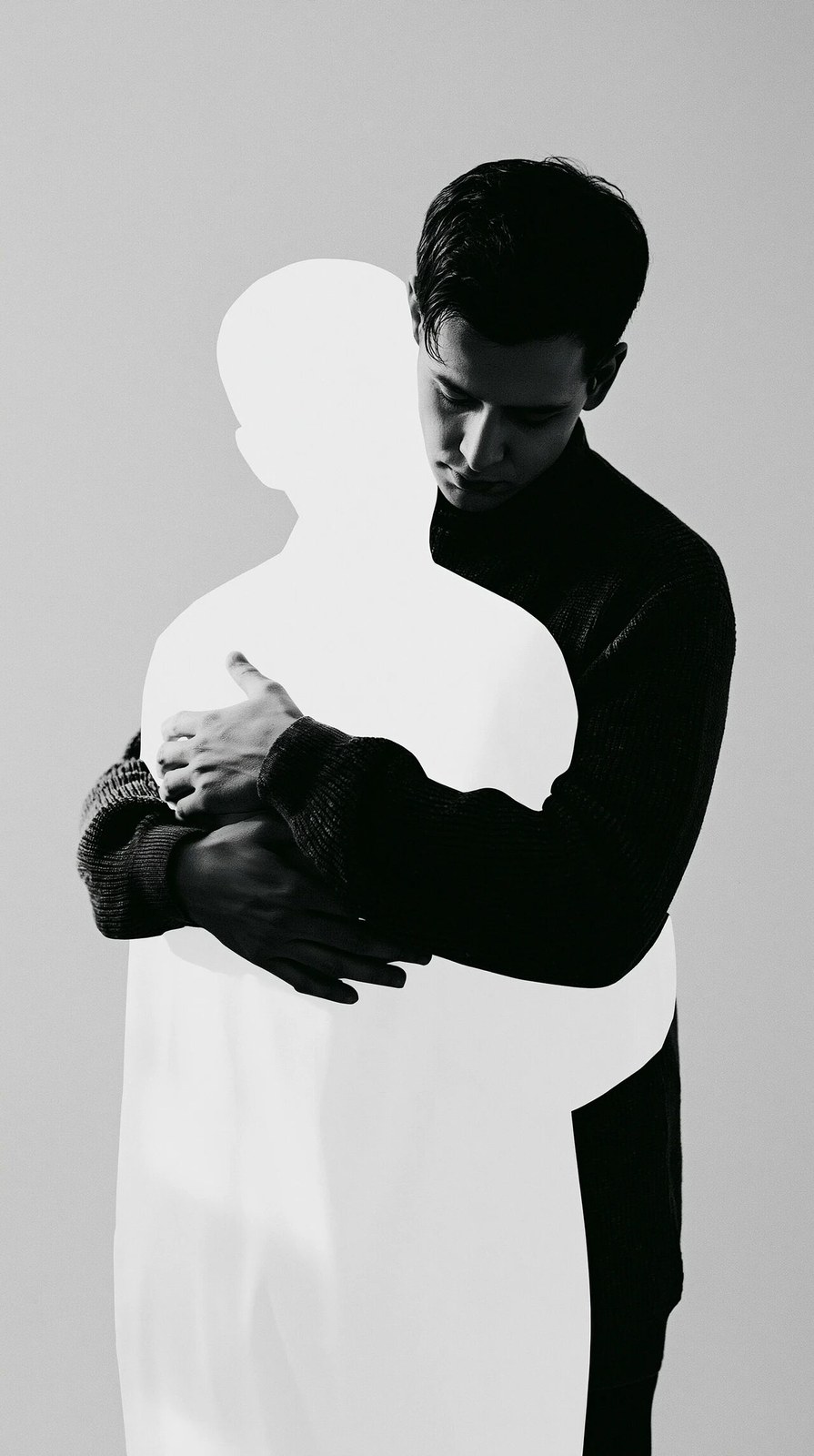 Minimalist conceptual collage artwork. A realistic man in a